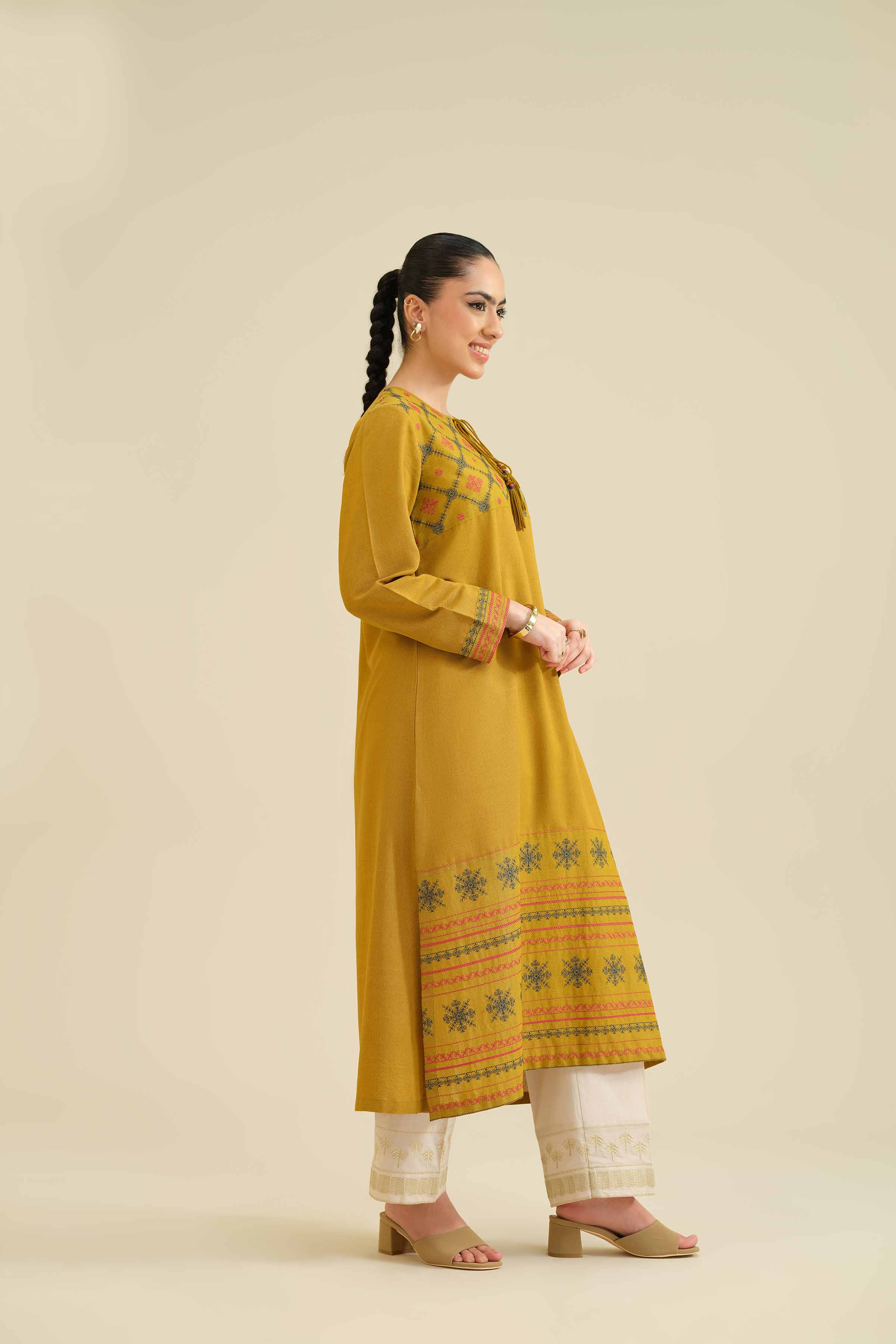 NishatUK - Mustard Embroidered Karandi 1-piece ready to wear Dress