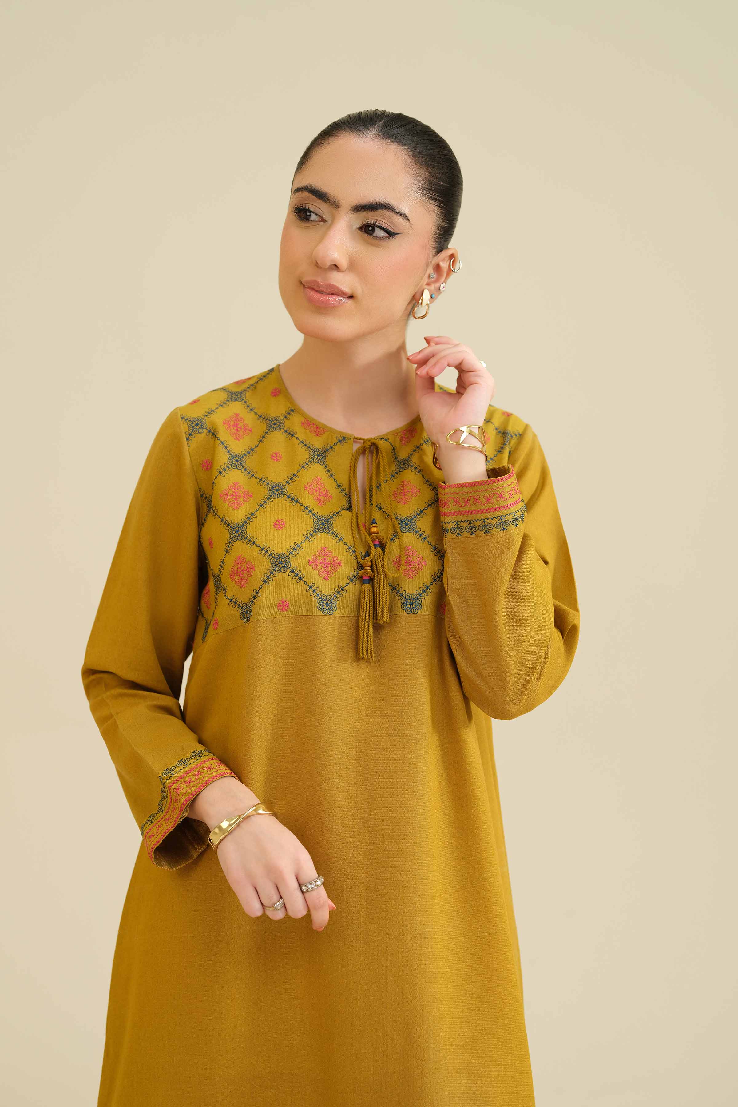 NishatUK - Mustard Embroidered Karandi 1-piece ready to wear Dress