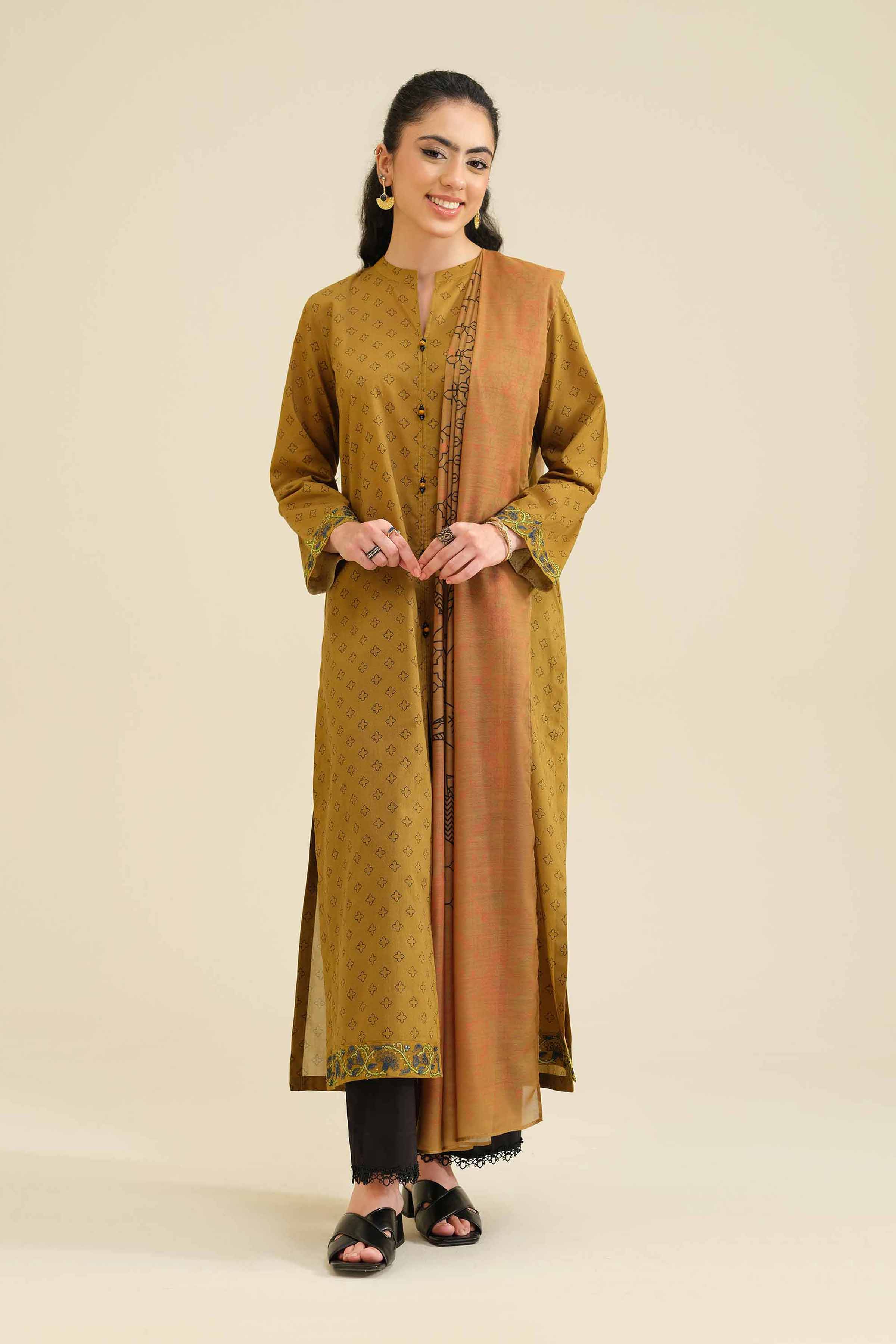 NishatUK - Brown Embroidered Cambric 2-piece ready to wear Dress