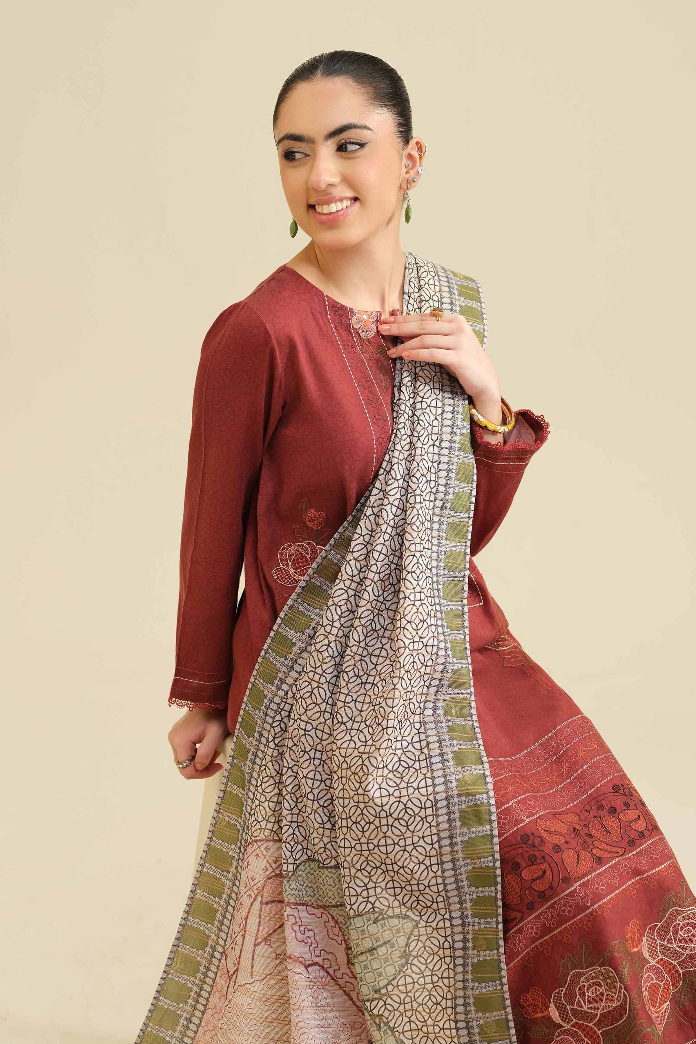 NishatUK - Maroon  Embroidered Sateen 2-piece ready to wear Dress