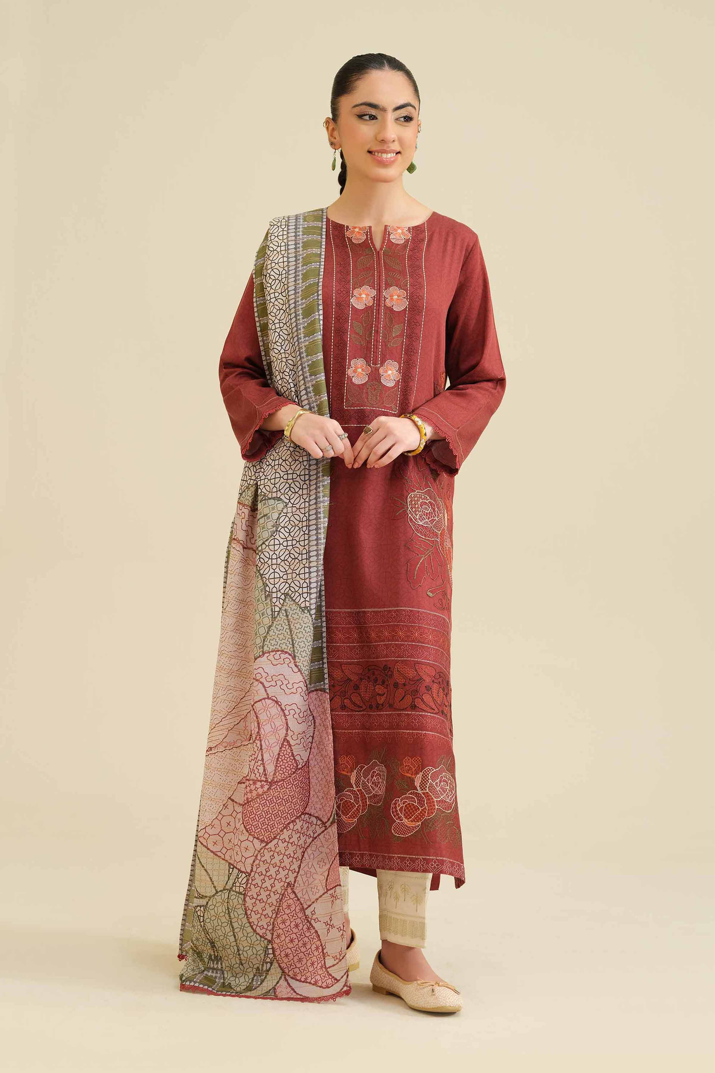 NishatUK - Maroon  Embroidered Sateen 2-piece ready to wear Dress