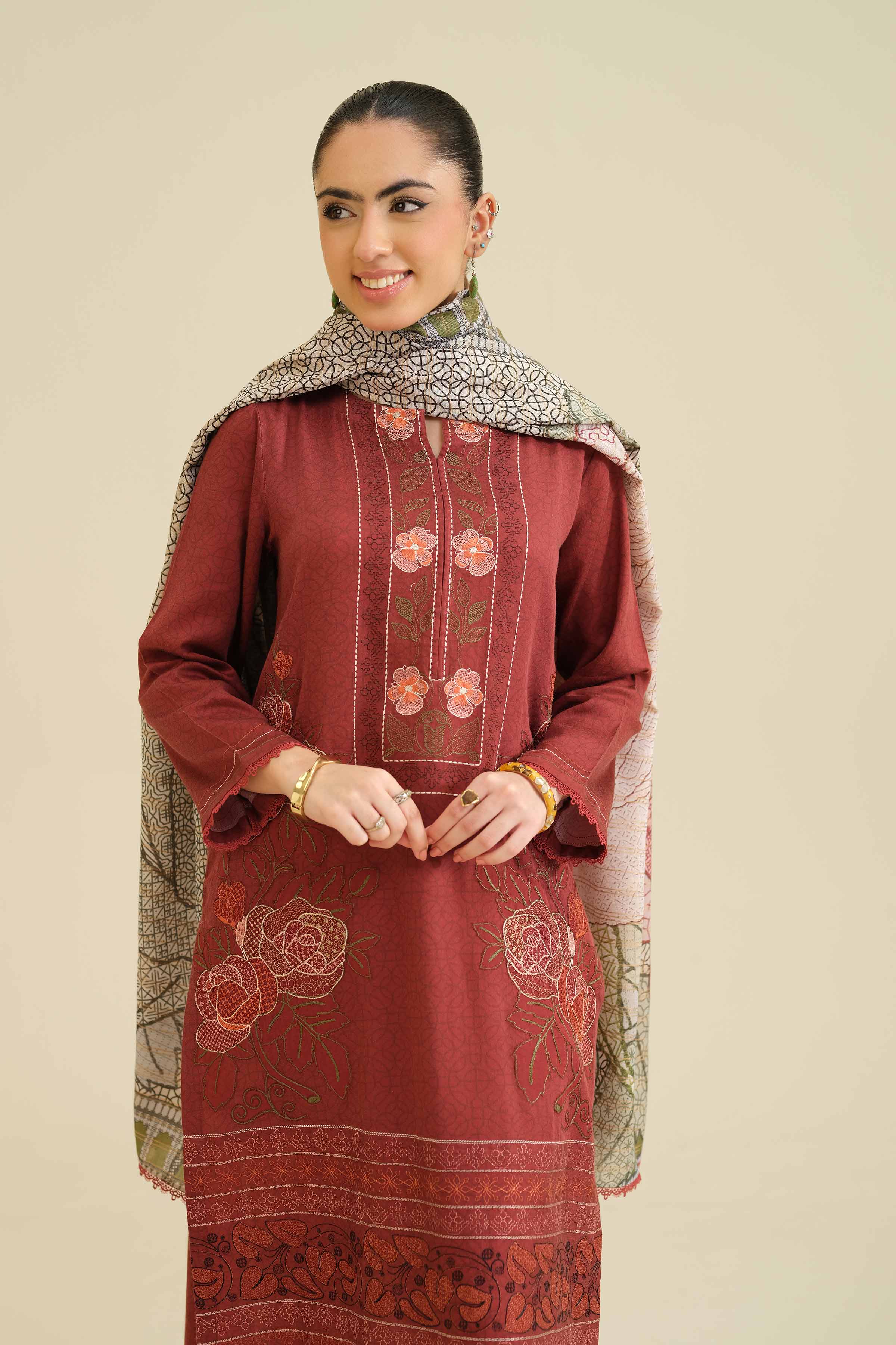 NishatUK - Maroon  Embroidered Sateen 2-piece ready to wear Dress