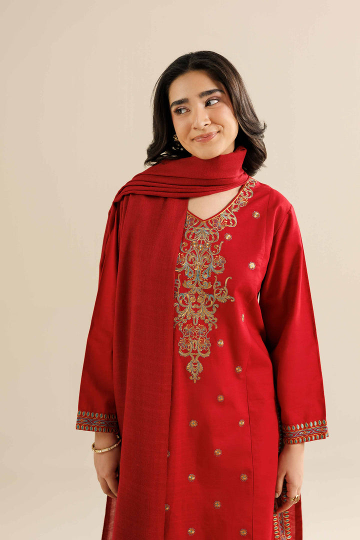 NishatUK - Red Embroidered  Khaddar 2-piece ready to wear Dress