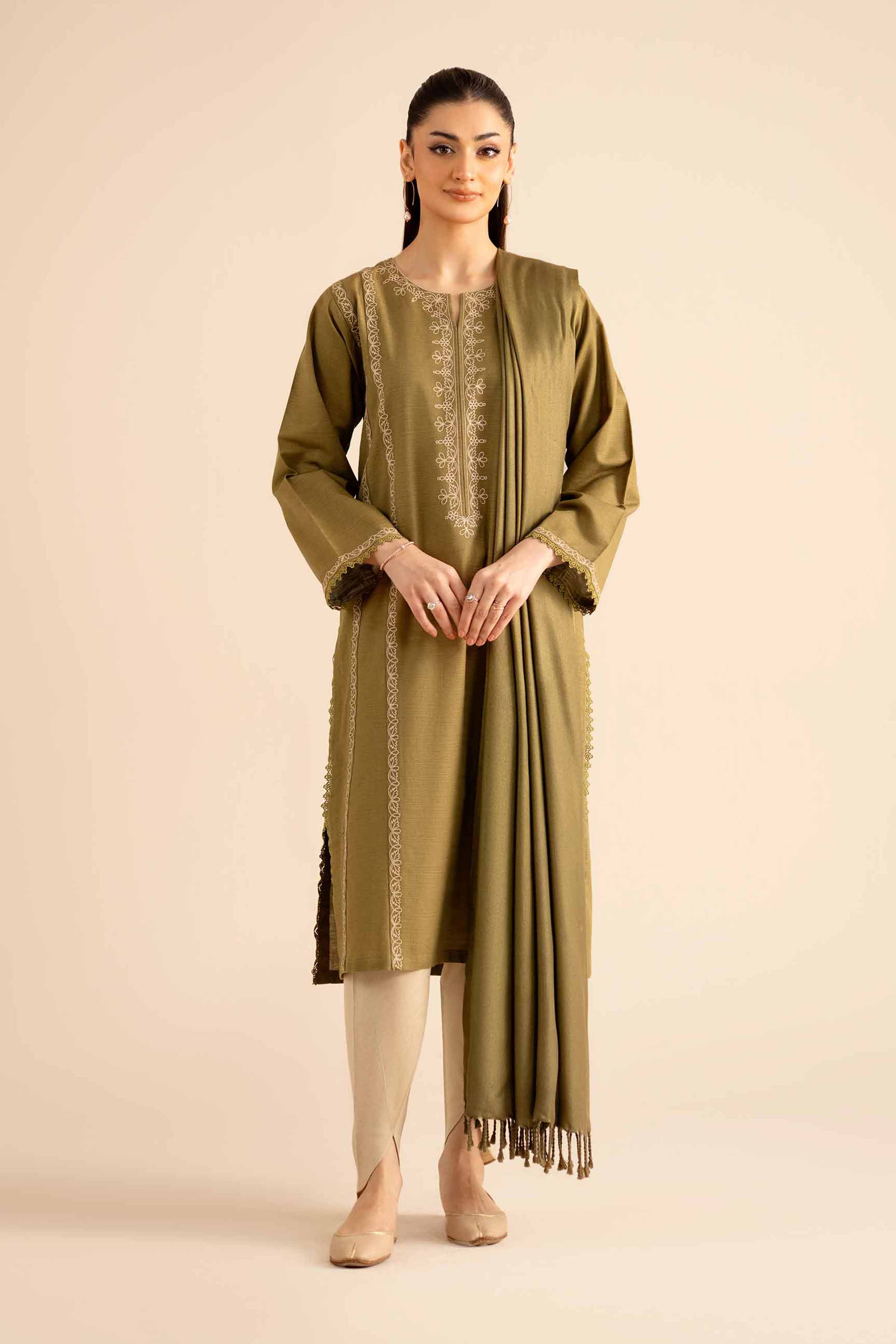 NishatUK - Olive Embroidered  Khaddar 2-piece ready to wear Dress