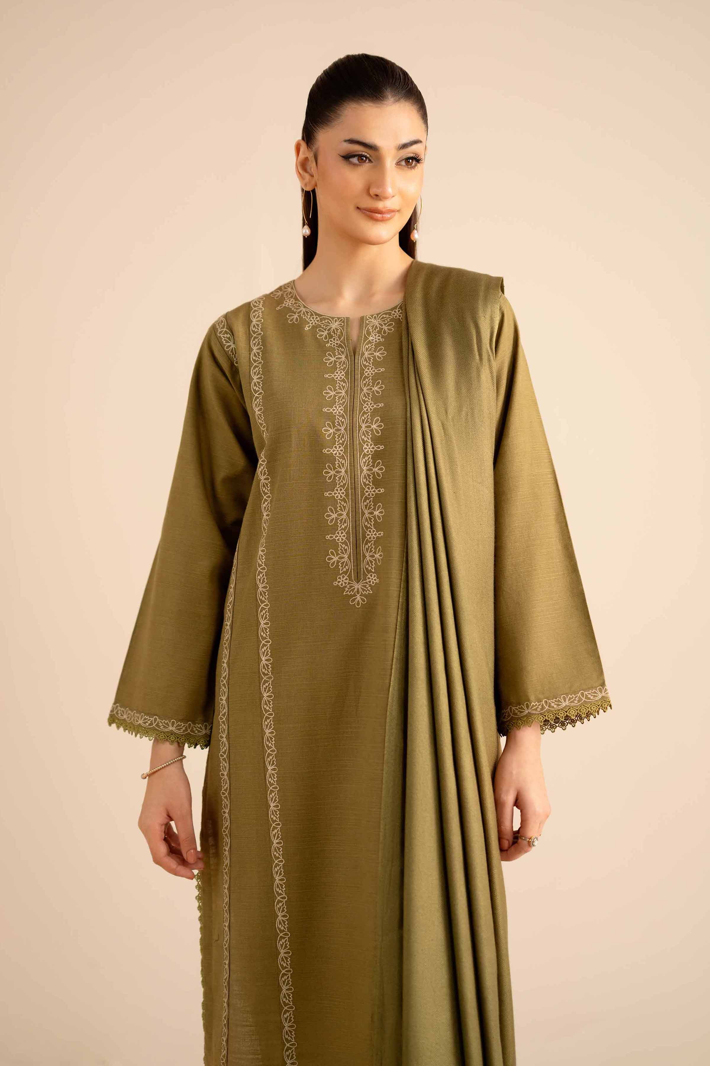 NishatUK - Olive Embroidered  Khaddar 2-piece ready to wear Dress