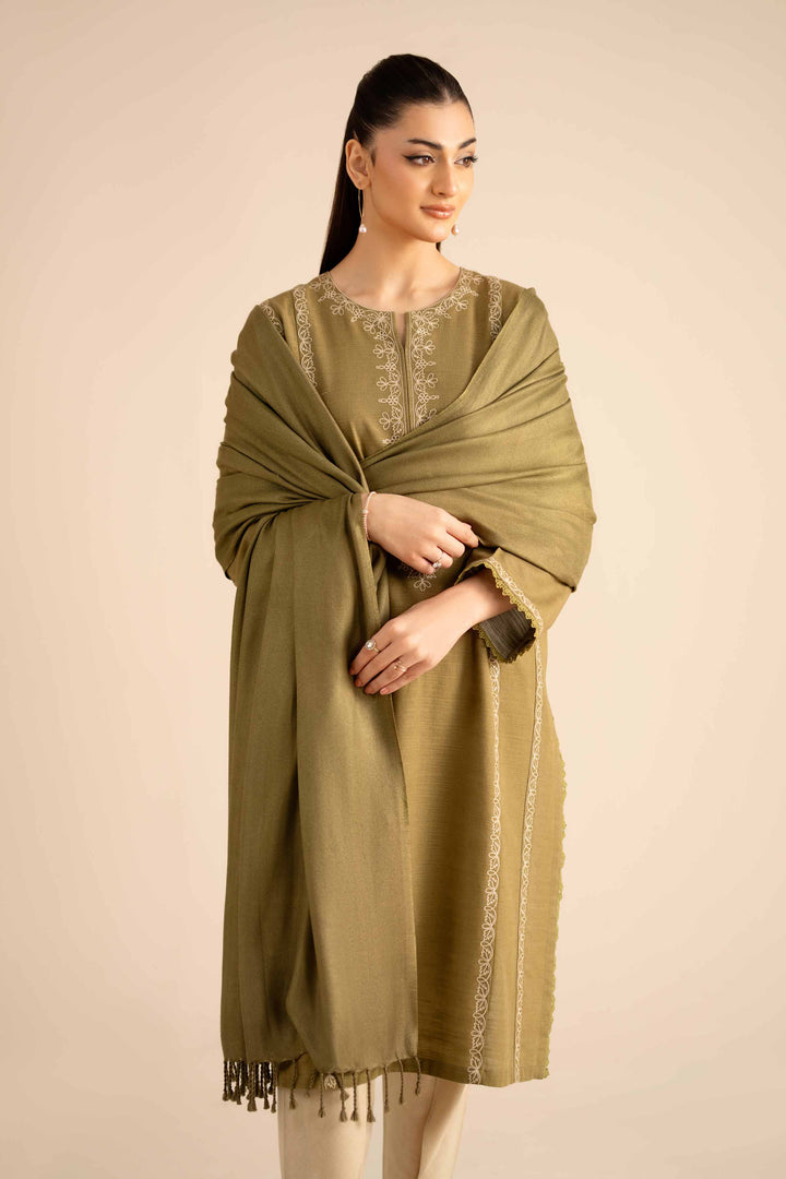 NishatUK - Olive Embroidered  Khaddar 2-piece ready to wear Dress