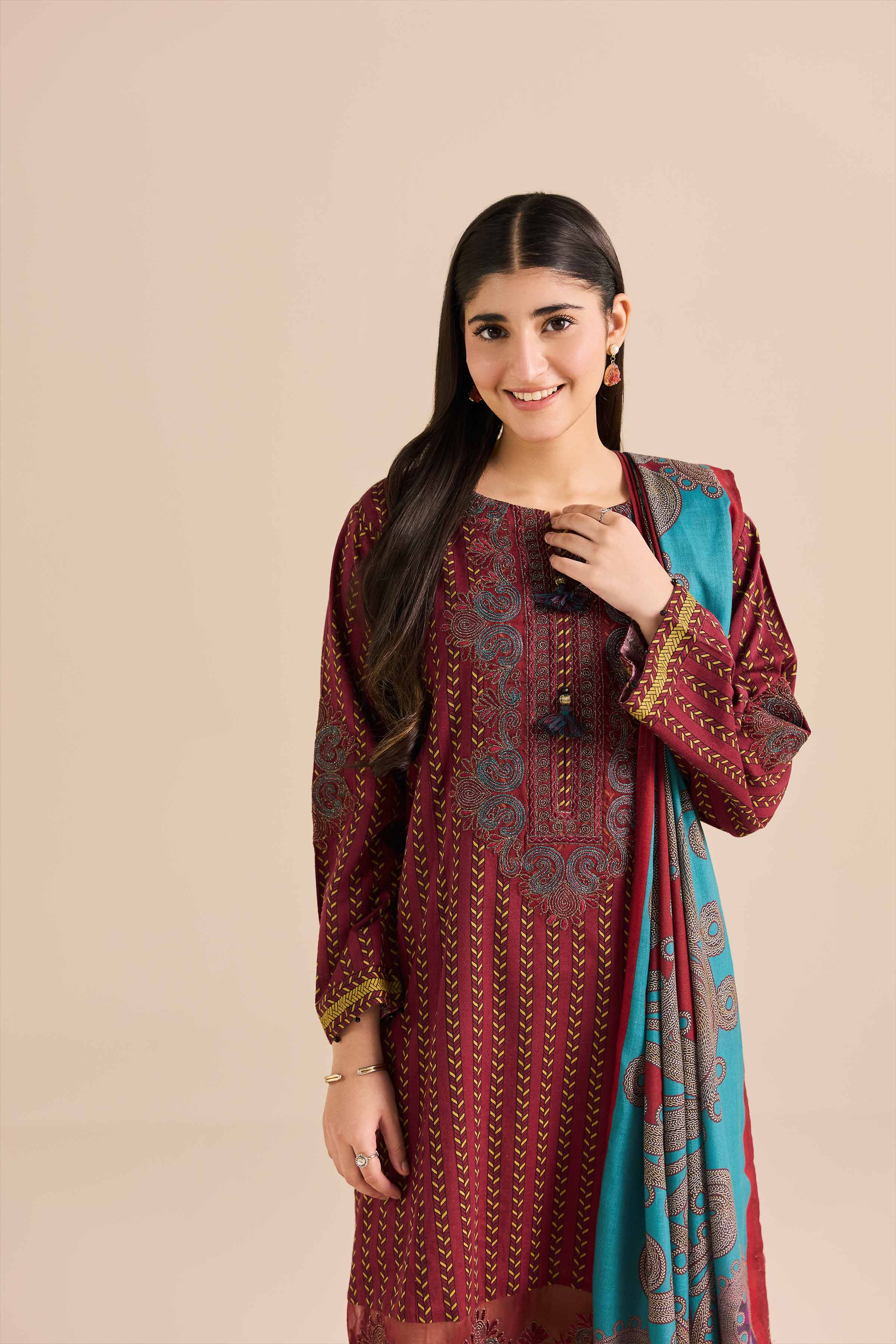 NishatUK - Red Embroidered Karandi 2-piece ready to wear Dress