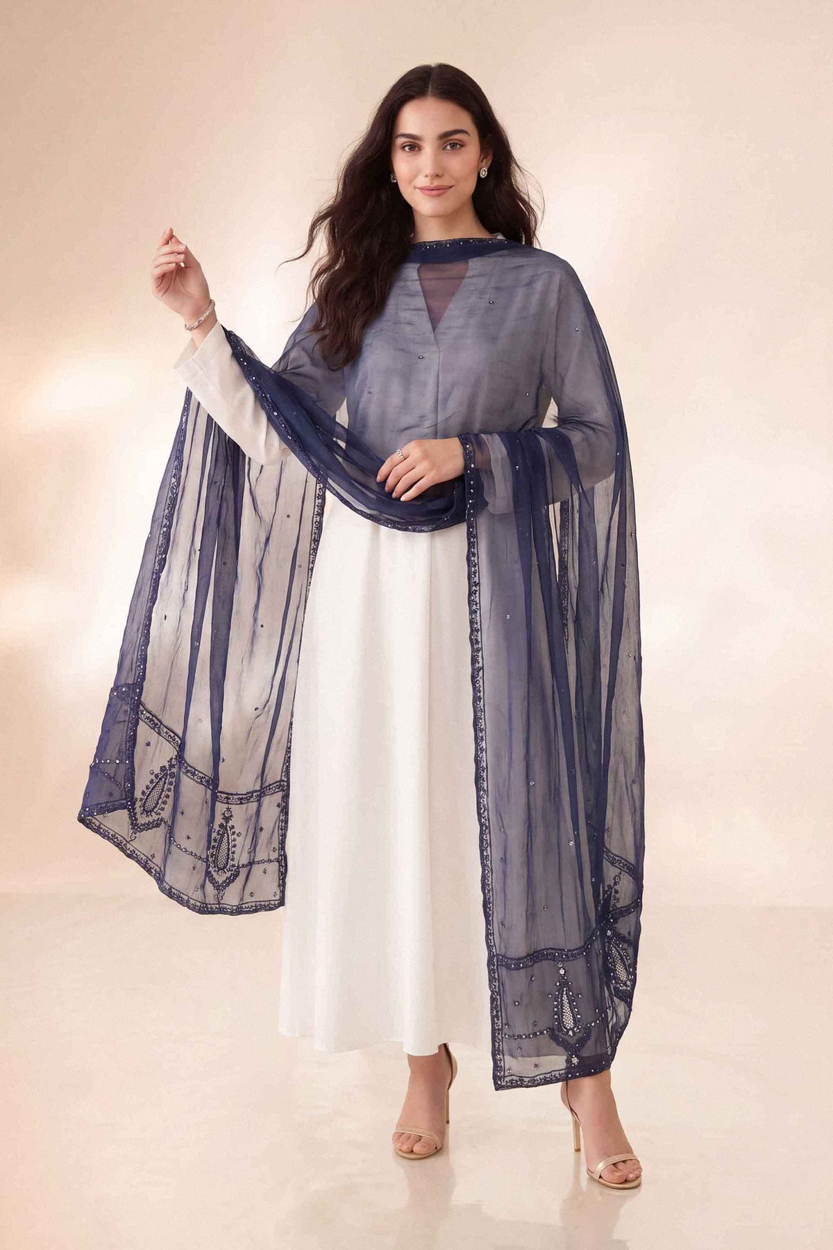 Nishat UK - Blue Embroidered Chiffon 1 Piece ready to wear dupatta