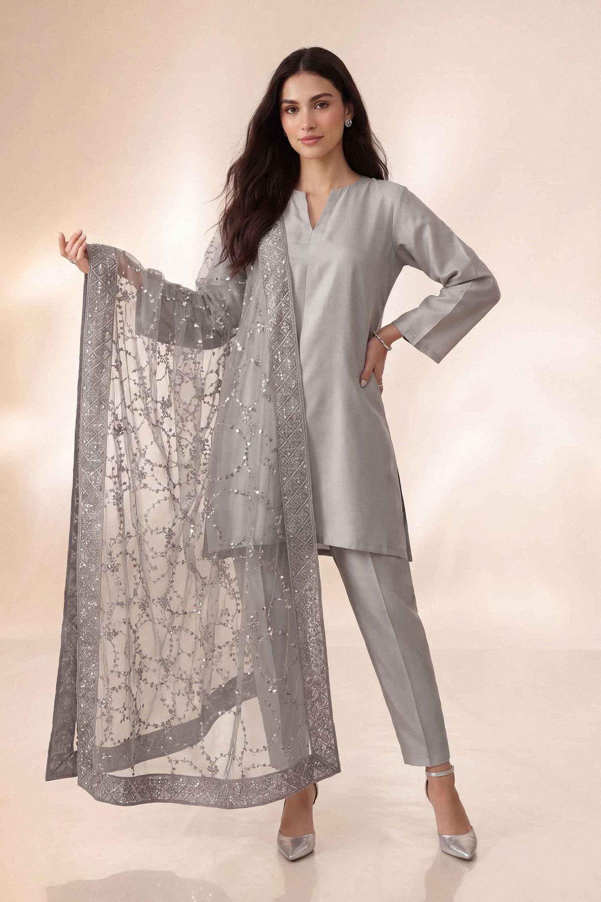 Nishat UK - Grey Embroidered Net 1 Piece ready to wear luxury dupatta