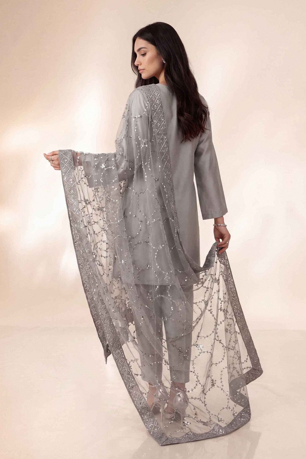 Nishat UK - Grey Embroidered Net 1 Piece ready to wear luxury dupatta
