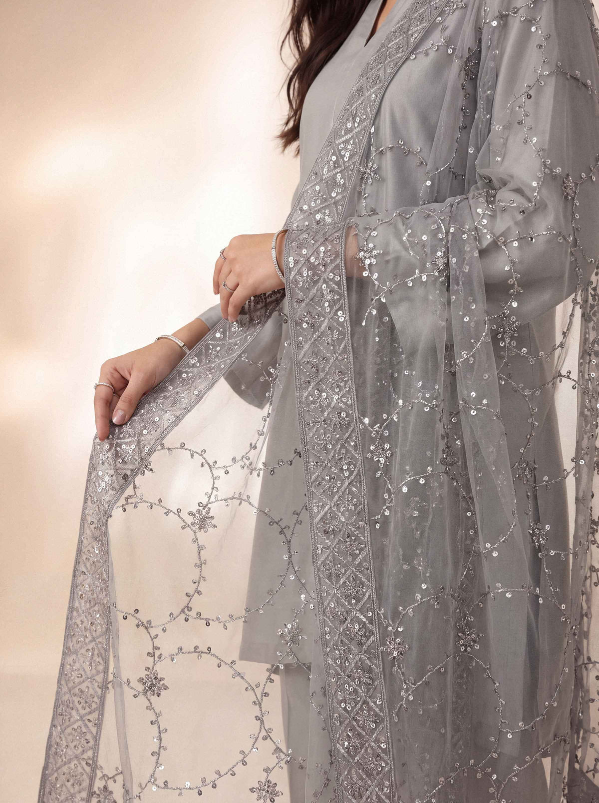 Nishat UK - Grey Embroidered Net 1 Piece ready to wear luxury dupatta