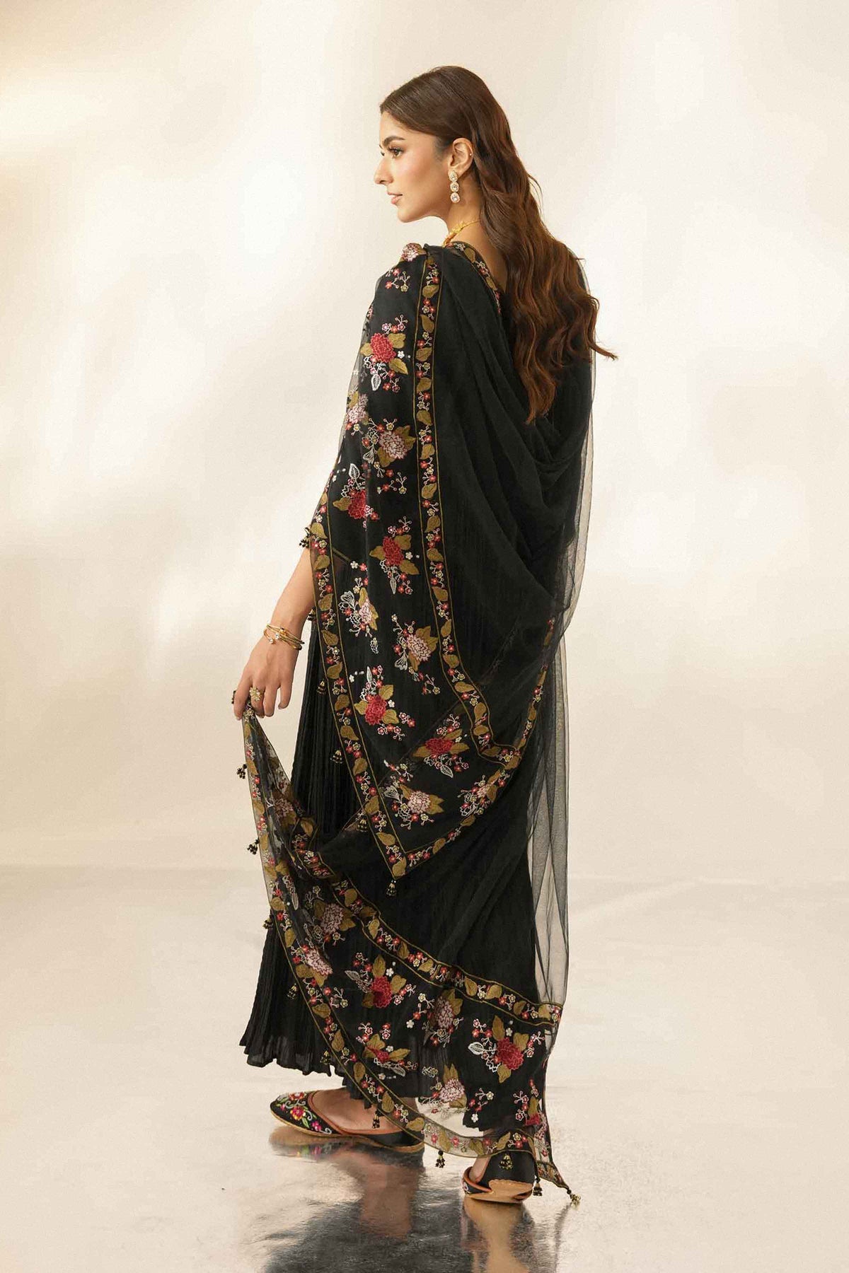 Nishat UK - Black Embroidered Net 1 Piece ready to wear luxury dupatta