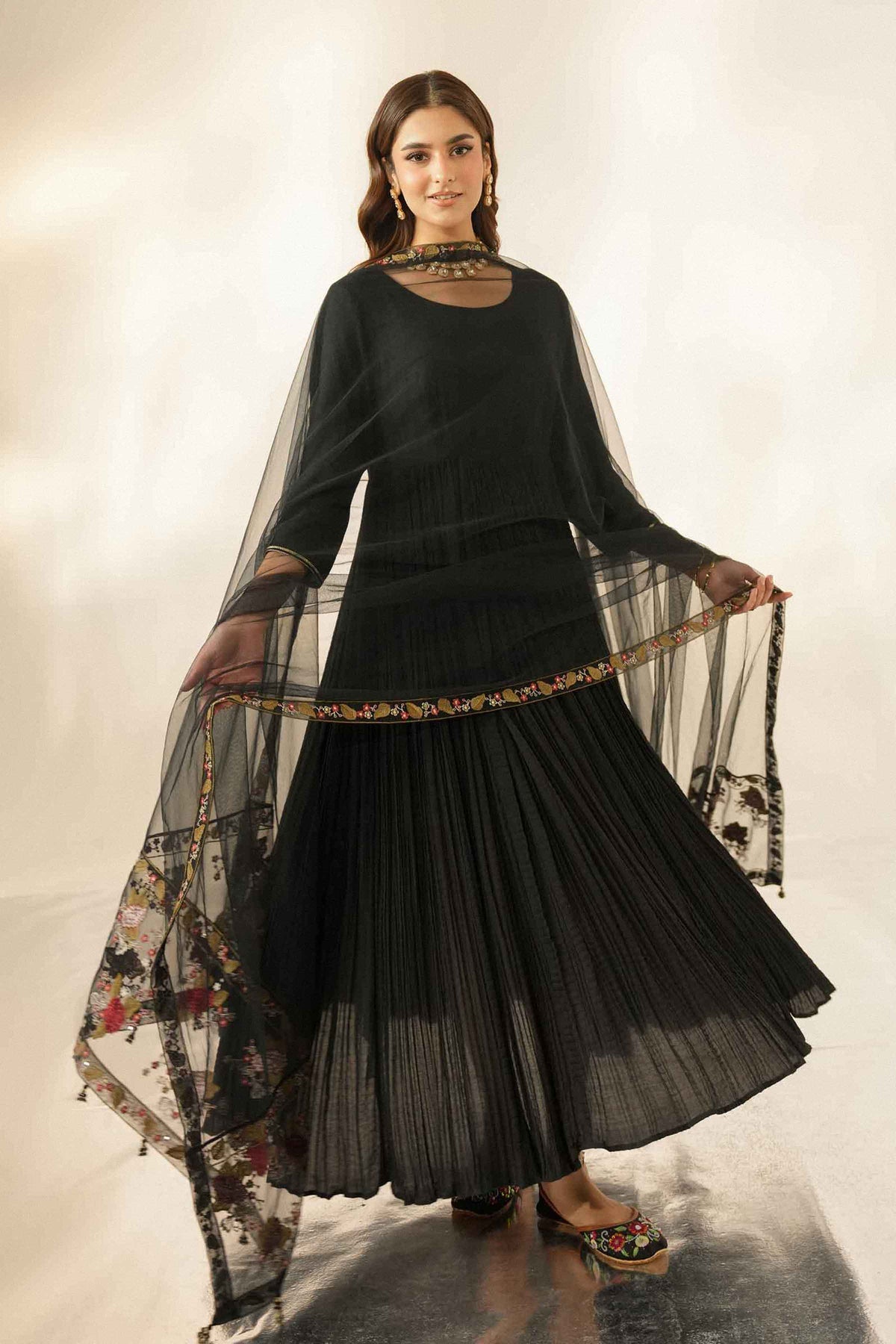 Nishat UK - Black Embroidered Net 1 Piece ready to wear luxury dupatta