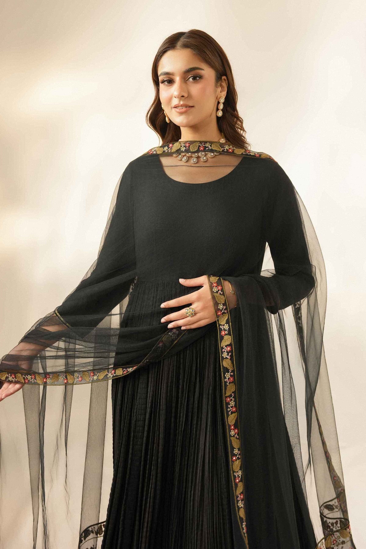 Nishat UK - Black Embroidered Net 1 Piece ready to wear luxury dupatta