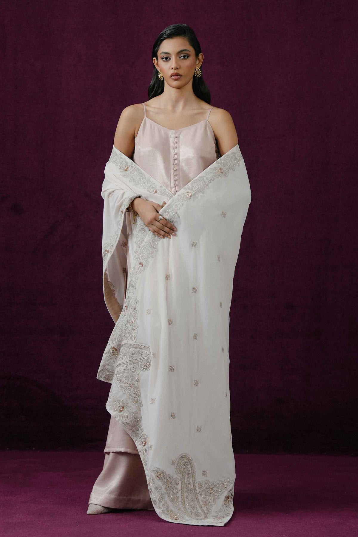 Nishat UK - White Embroidered Velvet 1 Piece ready to wear shawl