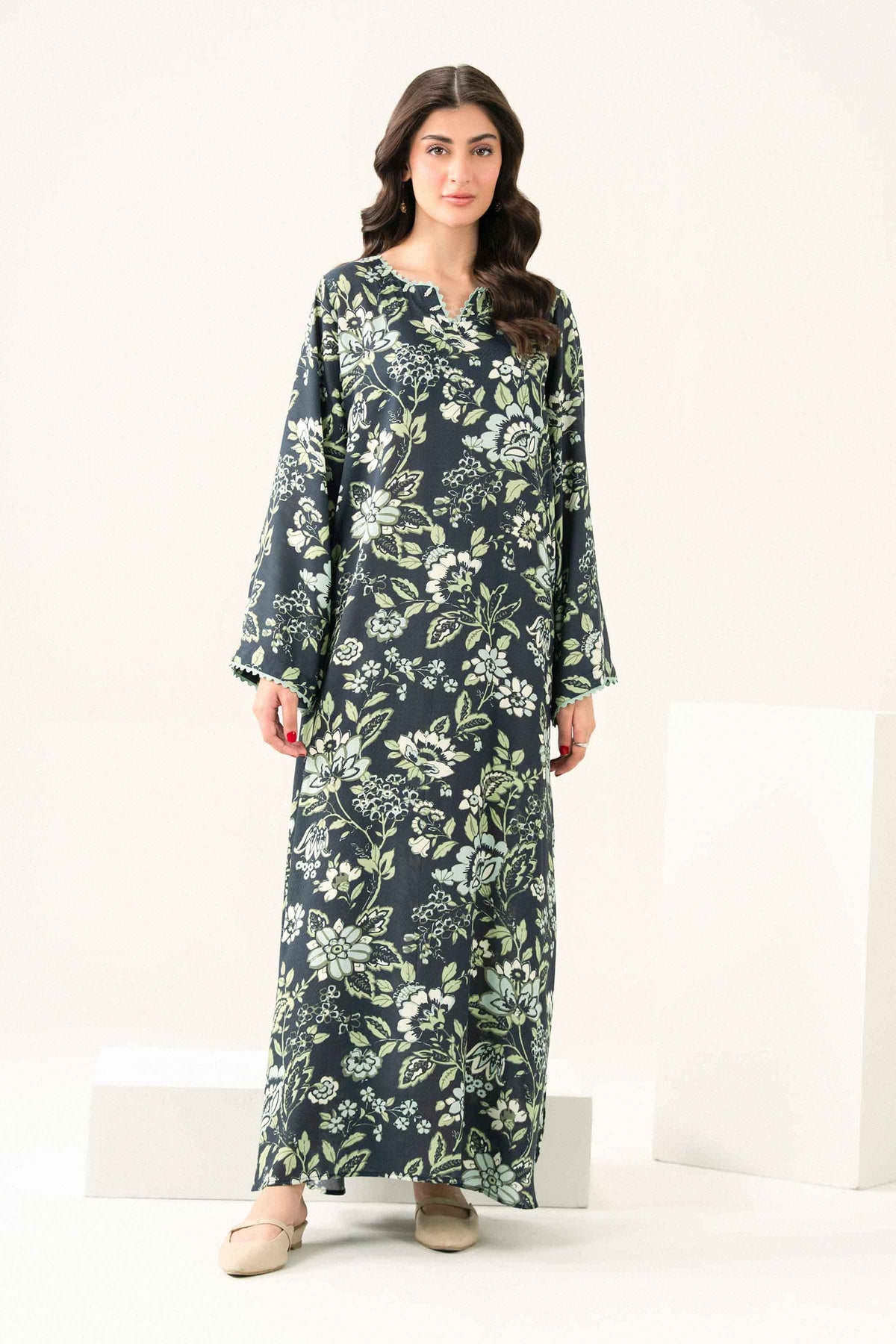 Nishat UK - Black Printed Dobby 1 Piece ready to wear long dress