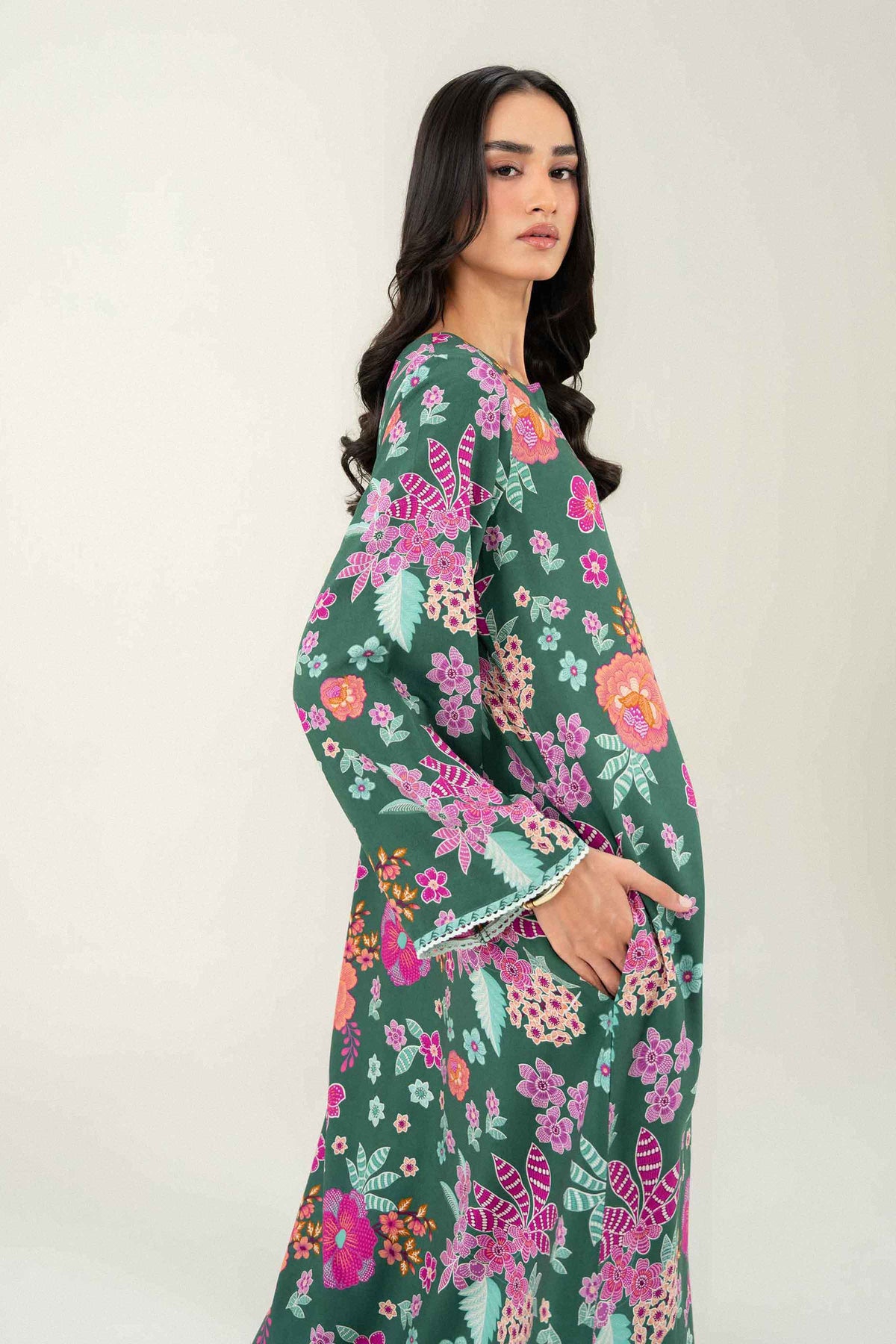 Nishat UK - Green Printed Cotton  1 Piece ready to wear long dress