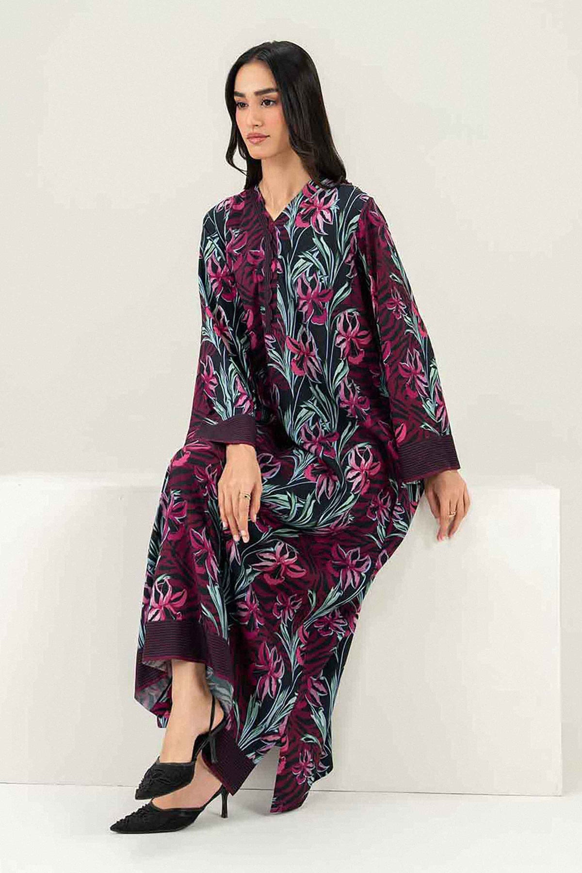 Nishat UK - Black Printed Linen 1 Piece ready to wear long dress