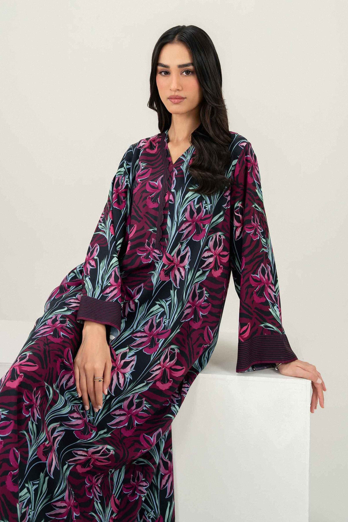 Nishat UK - Black Printed Linen 1 Piece ready to wear long dress