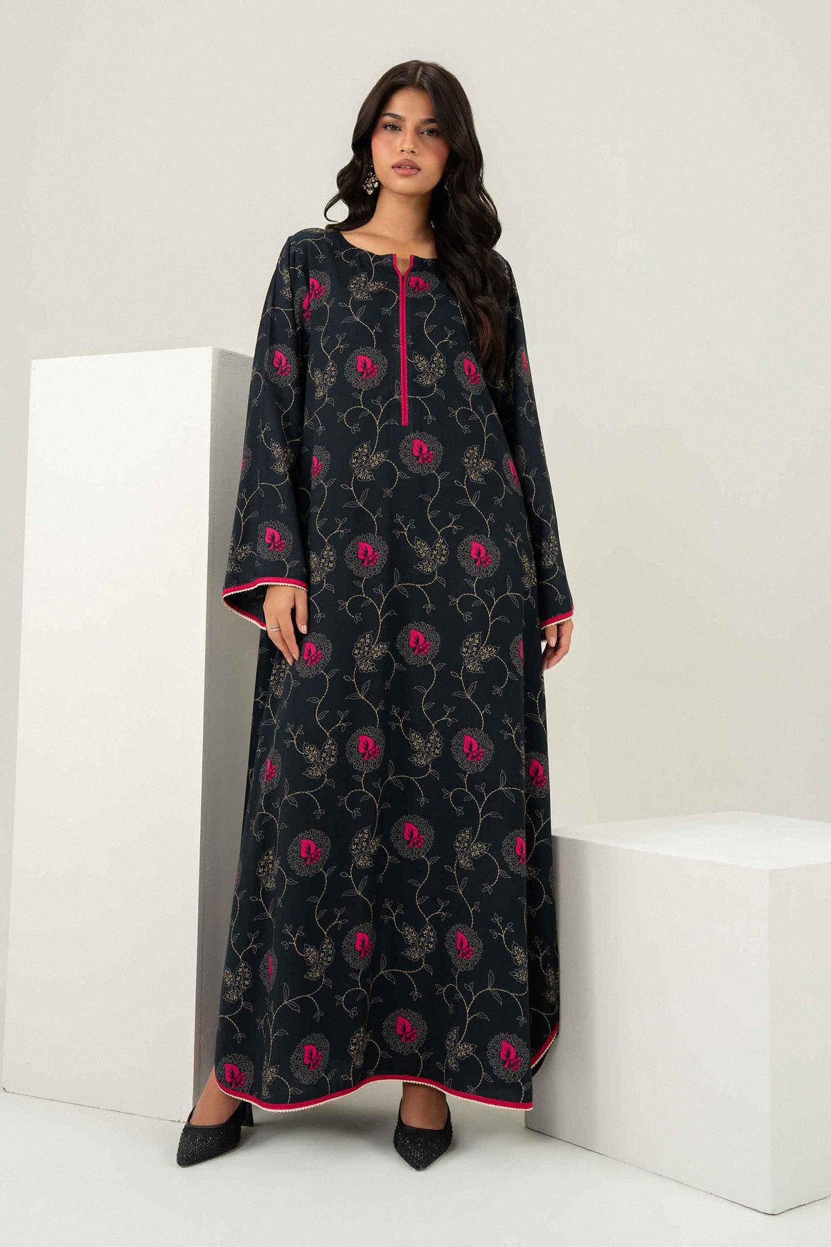 Nishat UK - Black  Printed Cotton 1 Piece ready to wear long dress