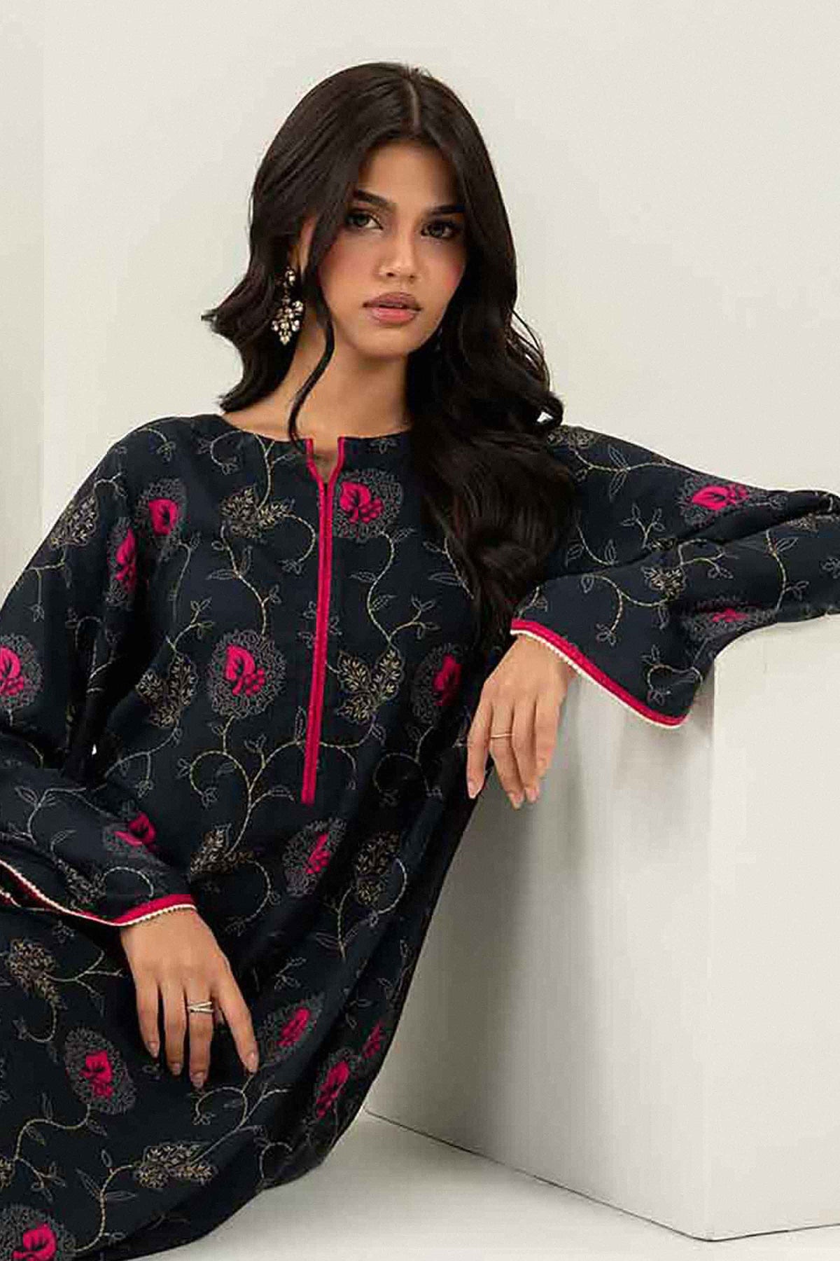 Nishat UK - Black  Printed Cotton 1 Piece ready to wear long dress