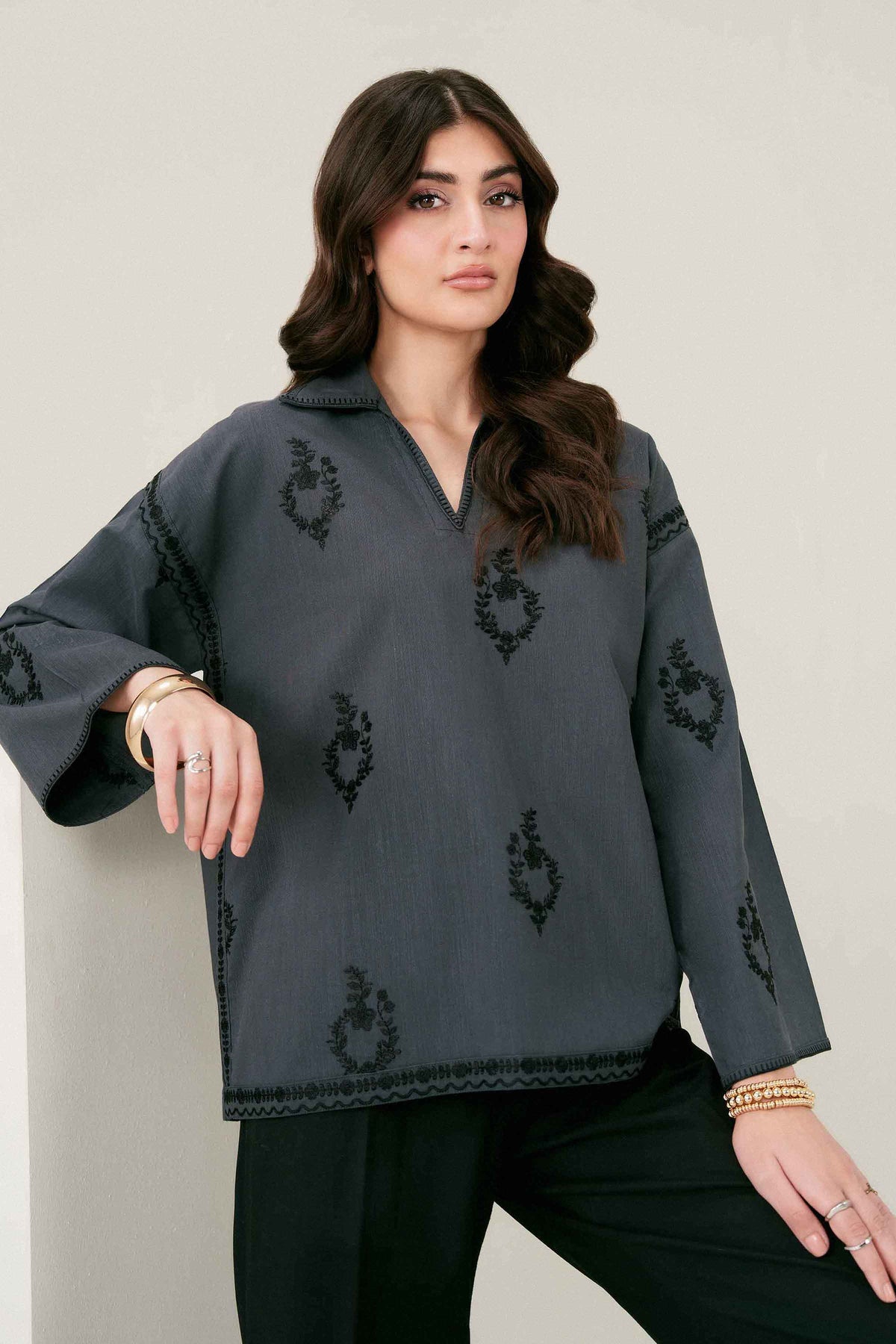 Nishat UK - Grey Embroidered Yarn Dyed 1 Piece ready to wear 