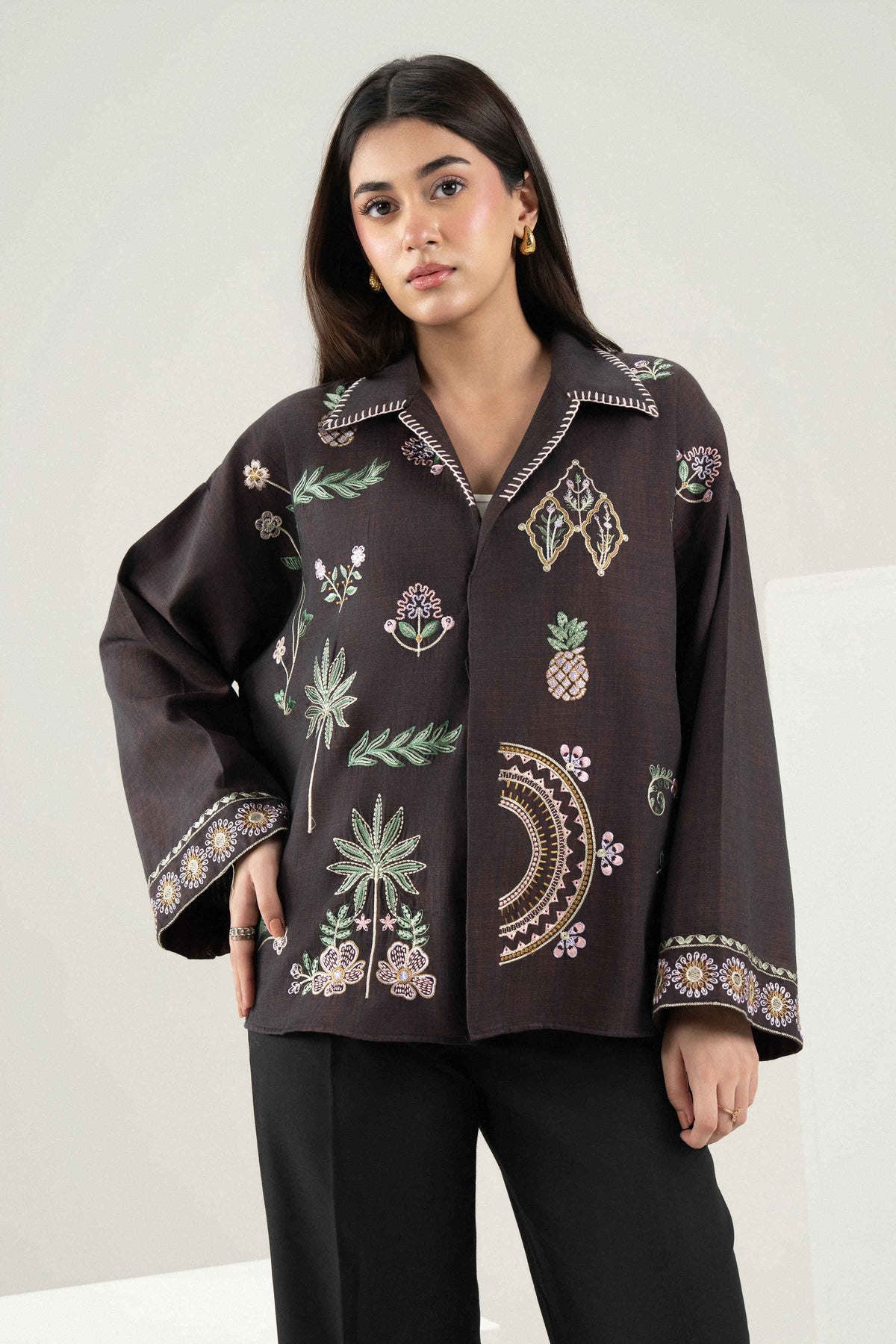Nishat UK - Brown Embroidered Seer Sucker 1 Piece ready to wear Western Pret