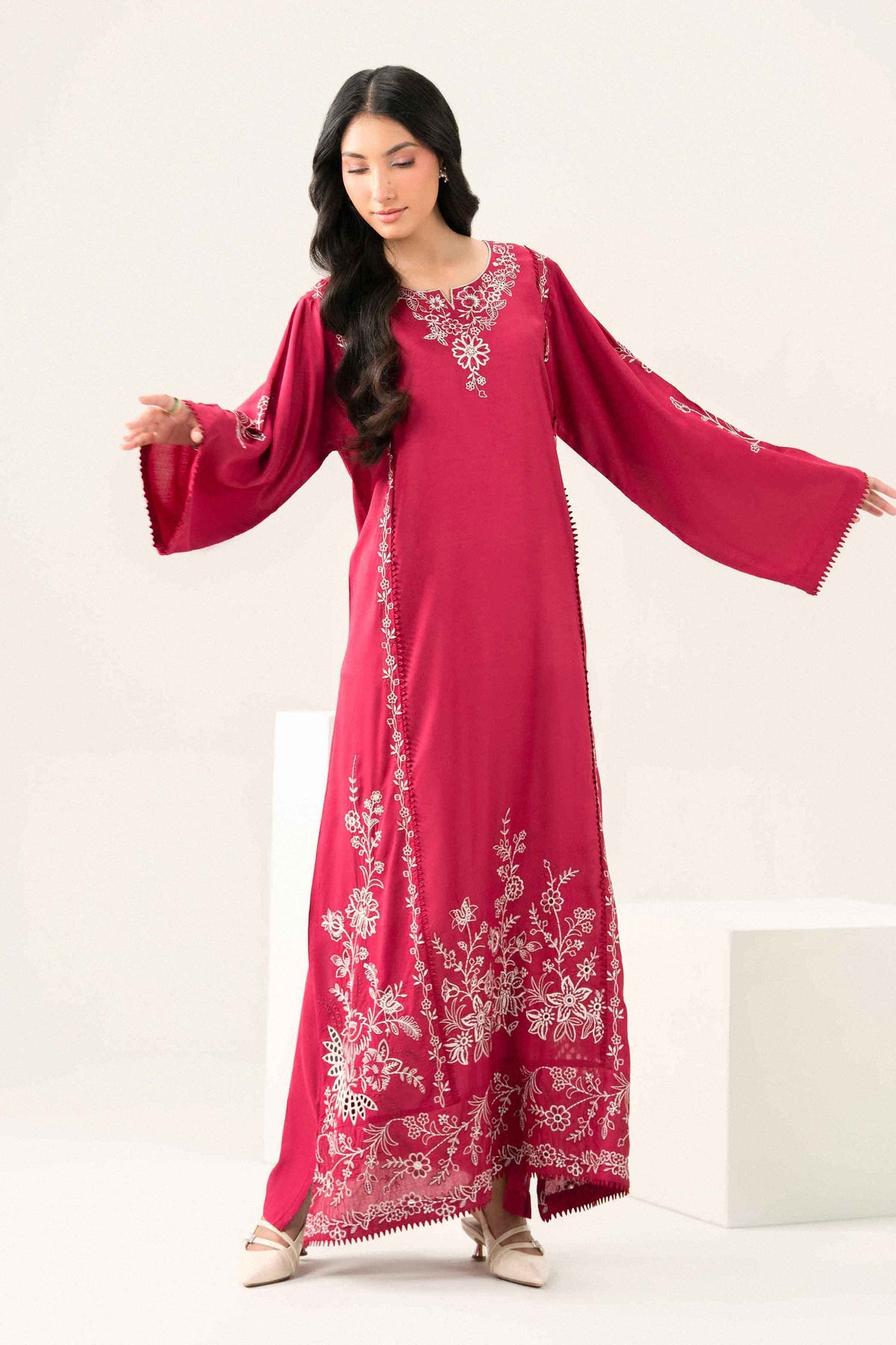 Nishat UK - Red Embroidered Dobby 1 Piece ready to wear long dress