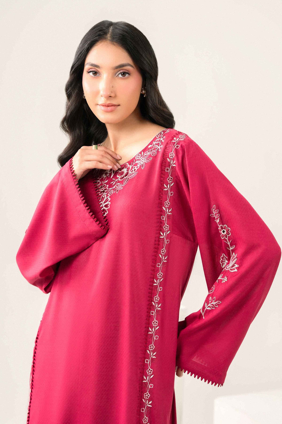 Nishat UK - Red Embroidered Dobby 1 Piece ready to wear long dress