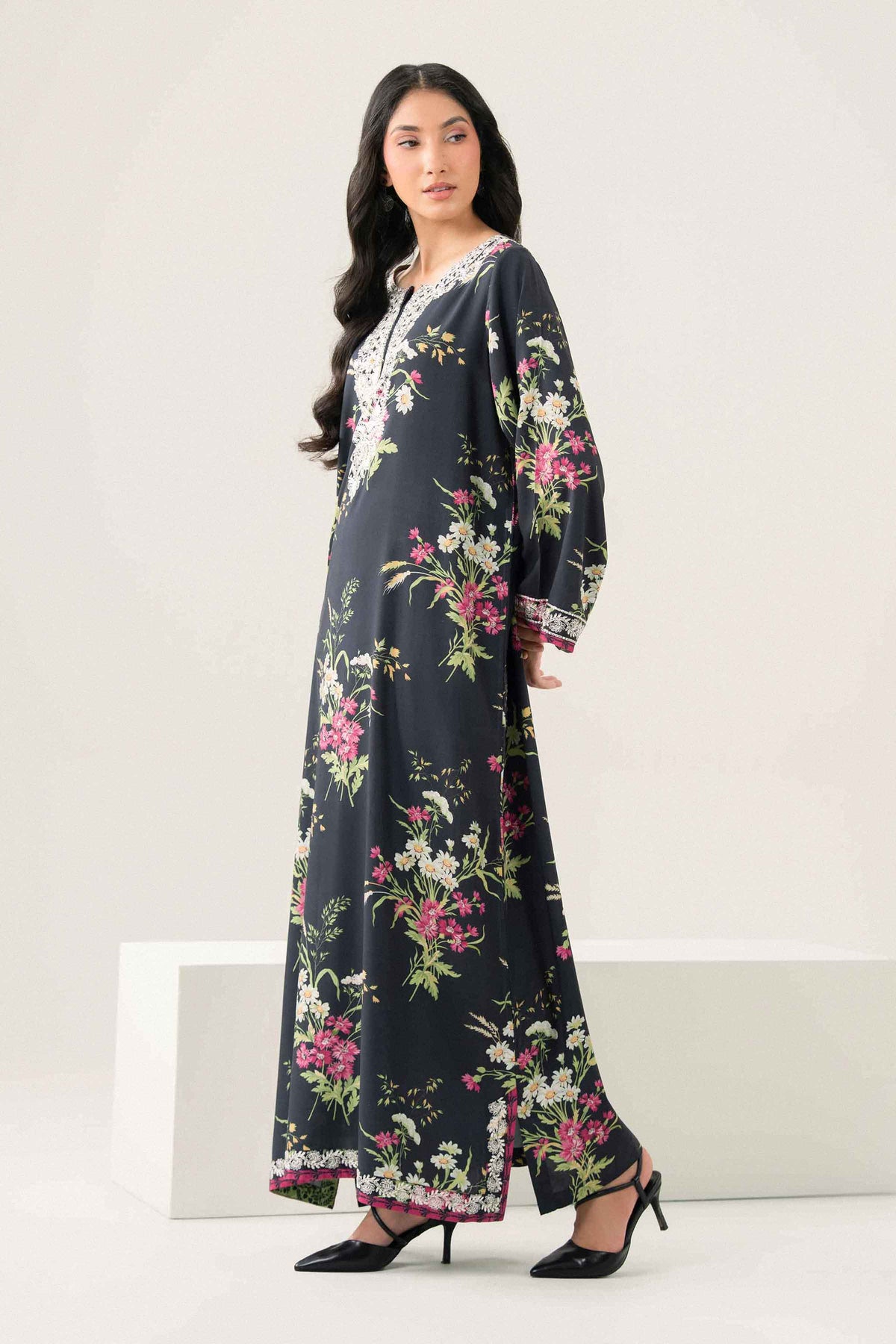 Nishat UK - Black Embroidered Linen 1 Piece ready to wear long dress