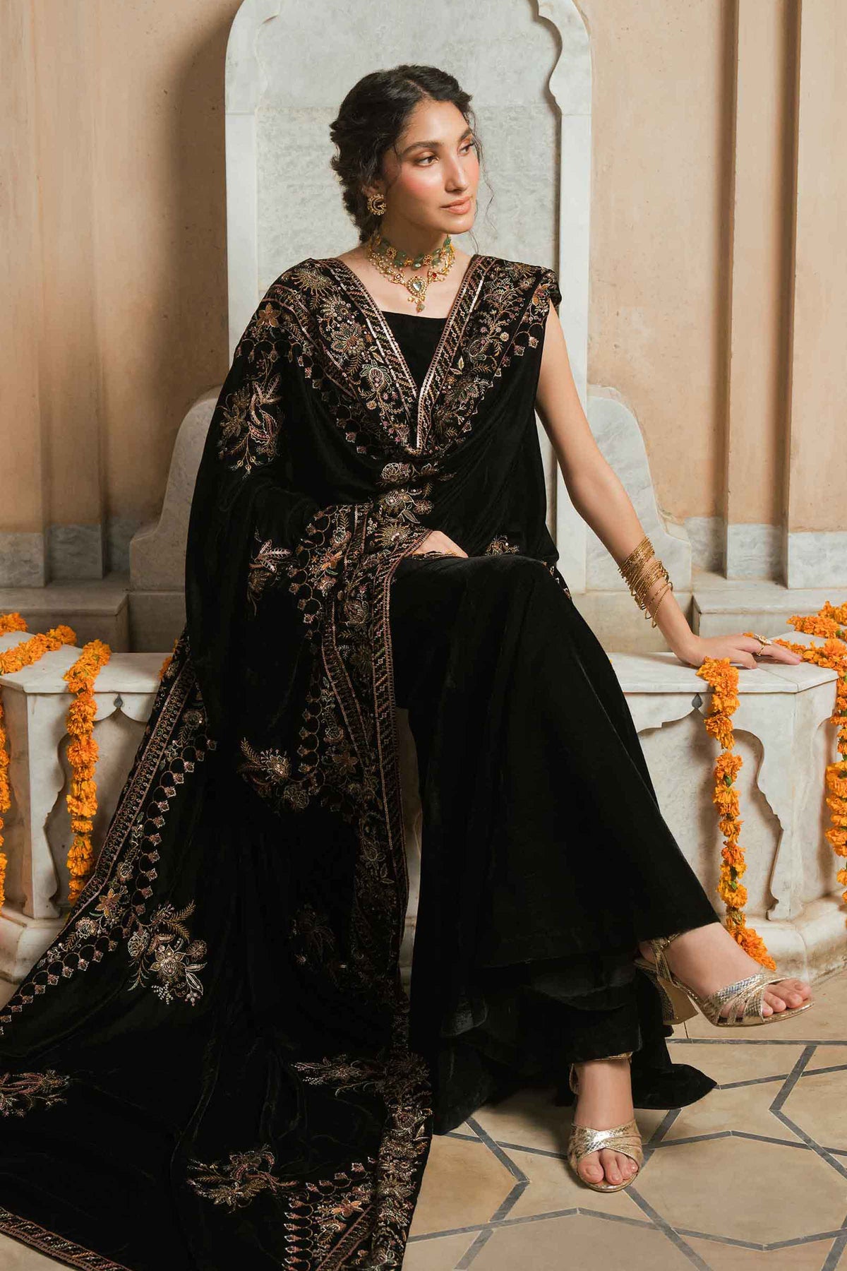 Nishat UK - Black Embroidered Velvet 1 Piece ready to wear shawl