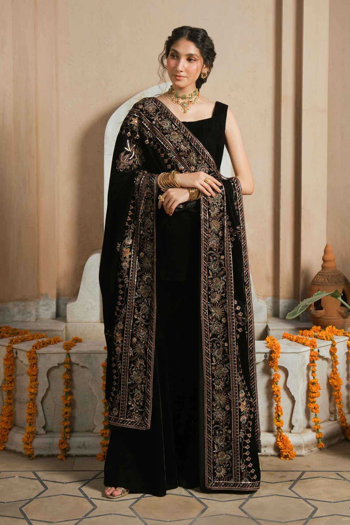 Nishat UK - Black Embroidered Velvet 1 Piece ready to wear shawl