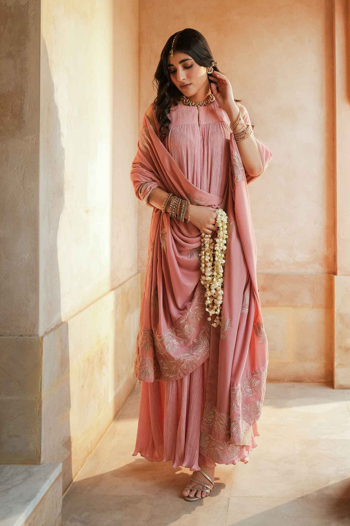 Nishat UK - Pink Embroidered Velvet 1 Piece ready to wear shawl