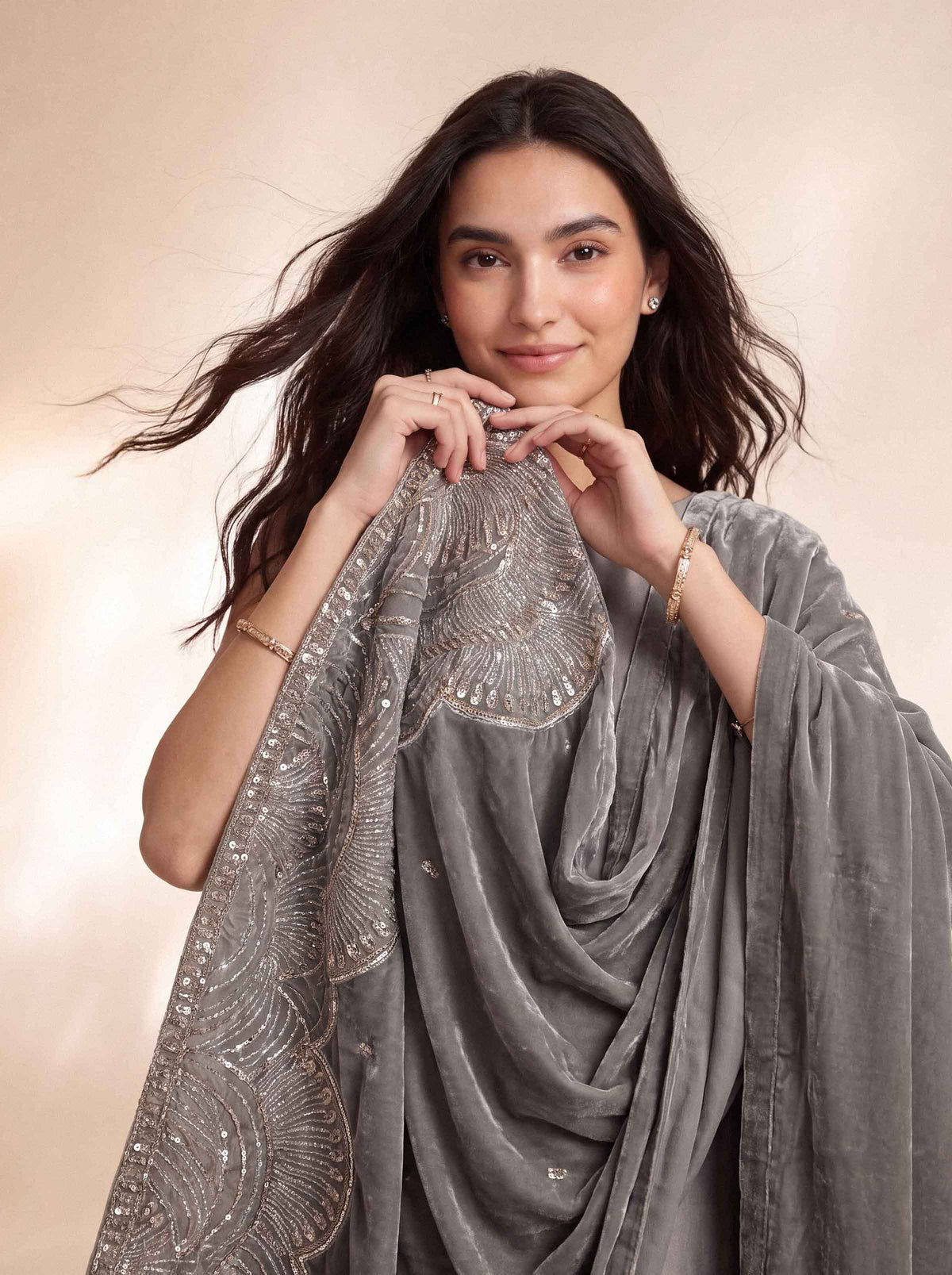 Nishat UK - Grey Embroidered Velvet 1 Piece ready to wear luxury shawl