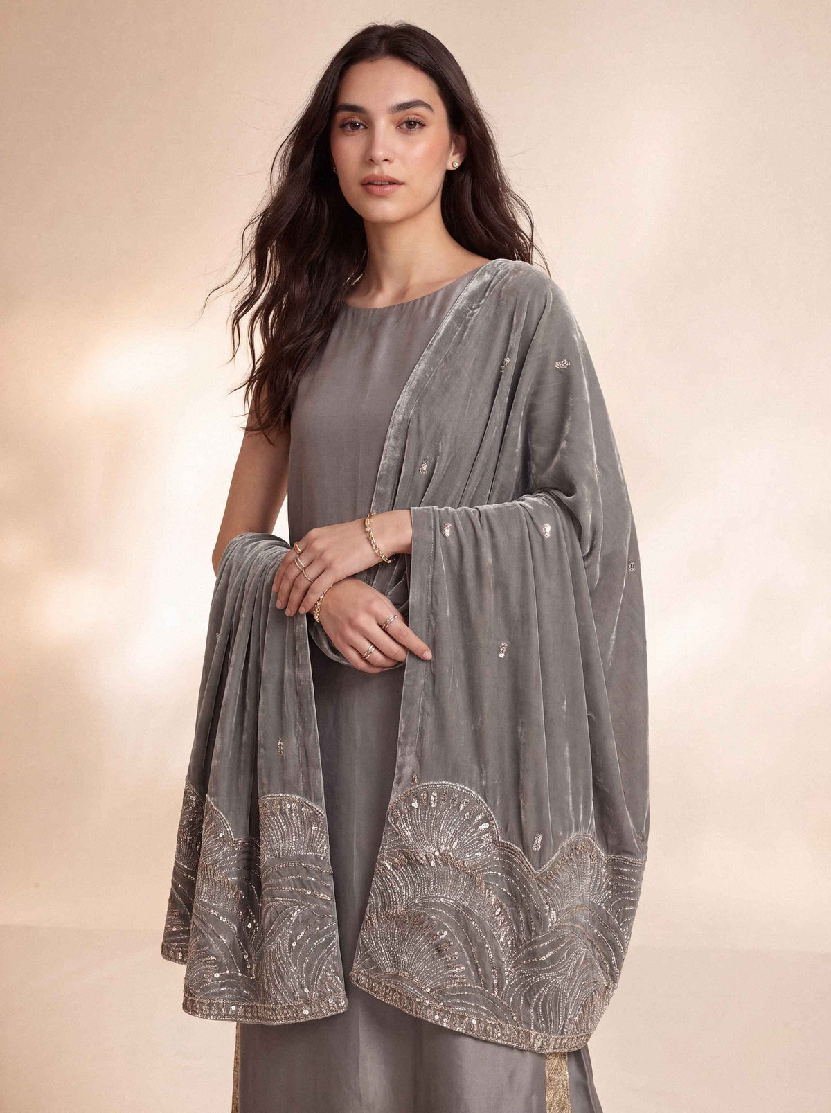 Nishat UK - Grey Embroidered Velvet 1 Piece ready to wear luxury shawl