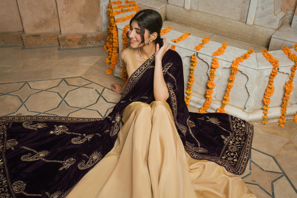 Nishat UK - Purple Embroidered Velvet 1 Piece ready to wear shawl