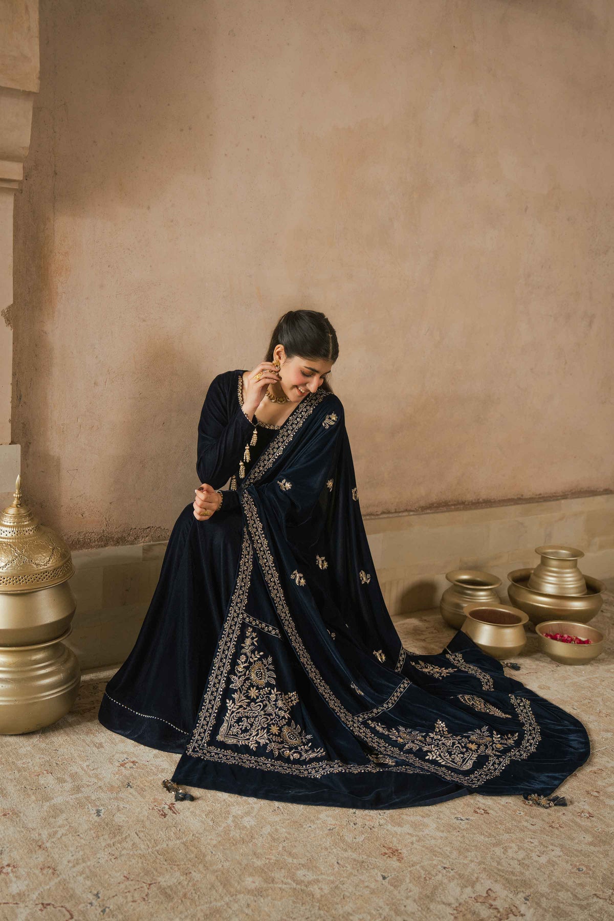 Nishat UK - Blue Embroidered Velvet 1 Piece ready to wear luxury shawl