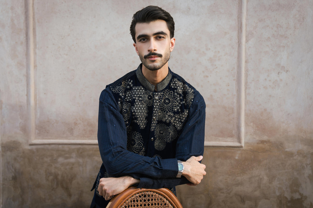 Nishat UK - Blue Embroidered Velvet 1 Piece ready to wear Waistcoat