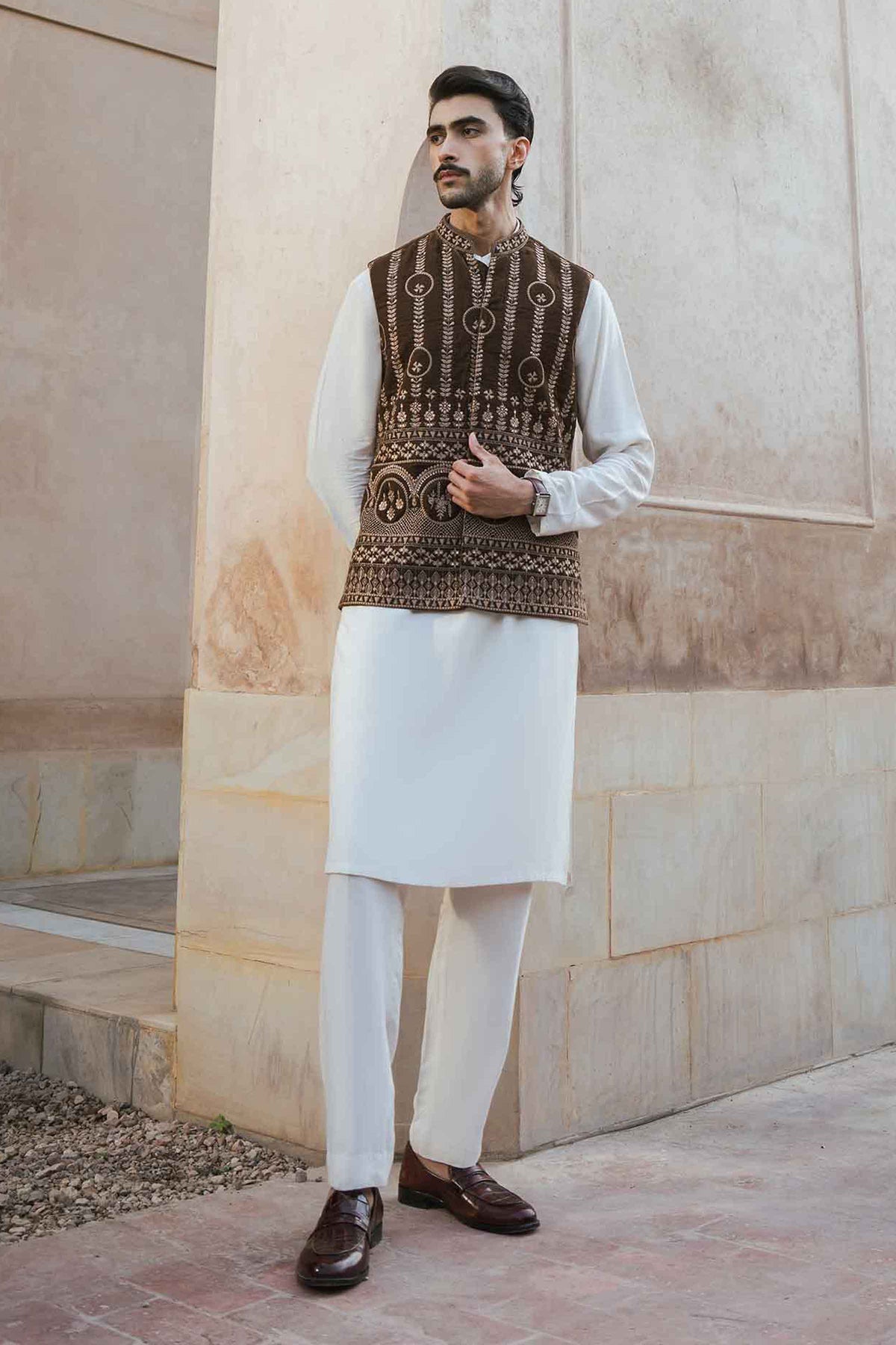 Nishat UK - Brown Embroidered Velvet 1 Piece ready to wear Waistcoat