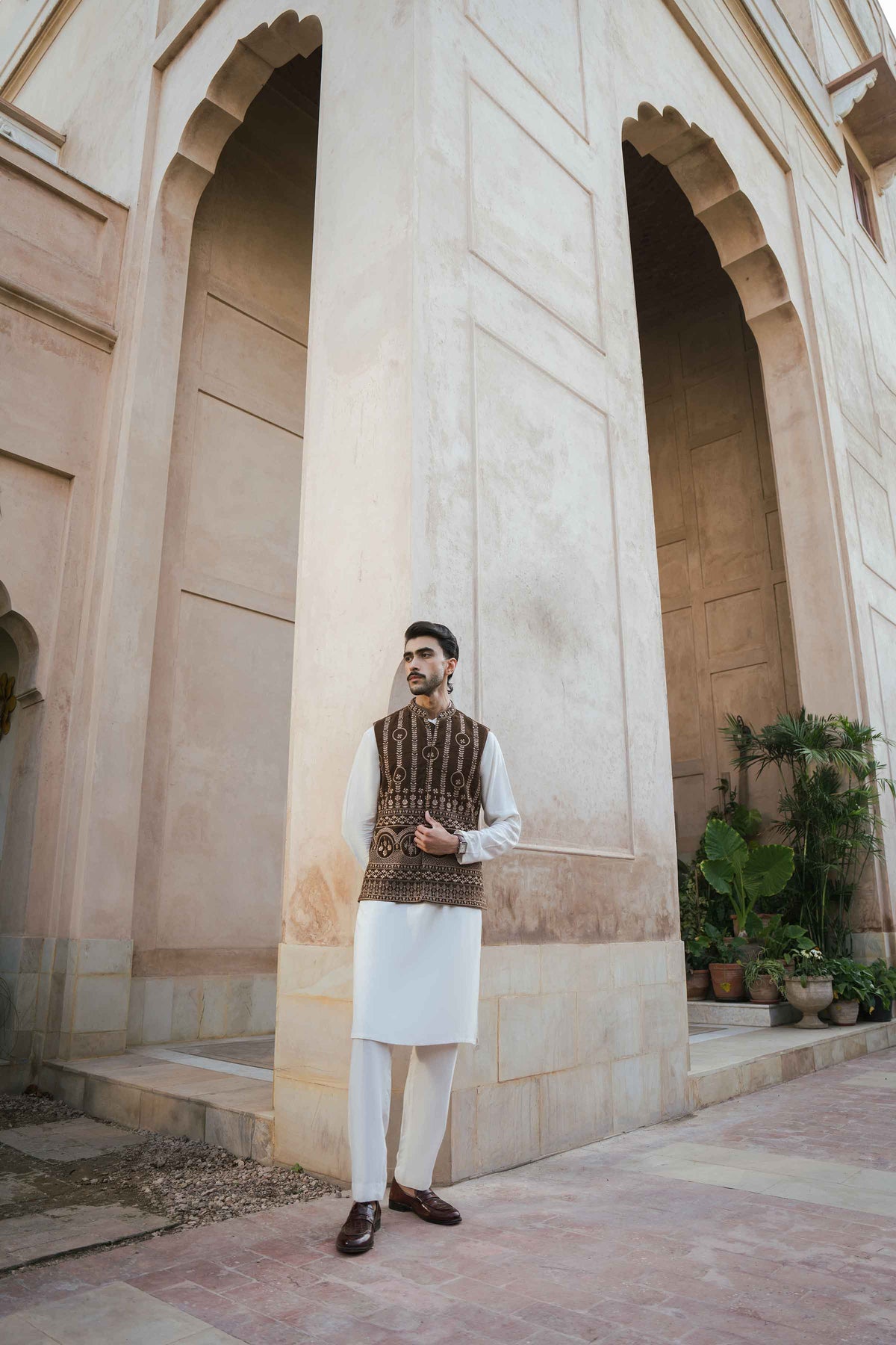 Nishat UK - Brown Embroidered Velvet 1 Piece ready to wear Waistcoat