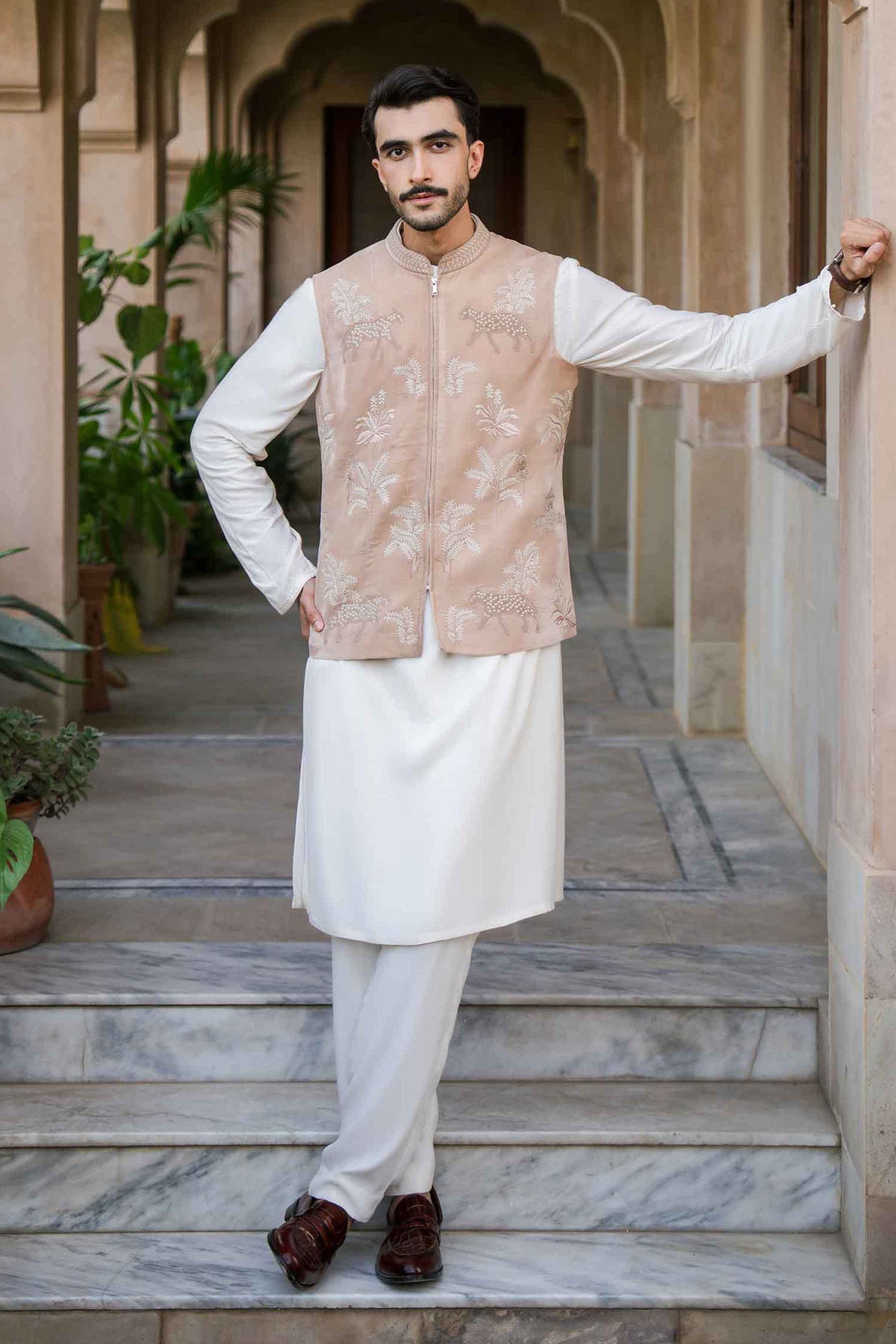 Nishat UK - Beige Embroidered Velvet 1 Piece ready to wear Waistcoat