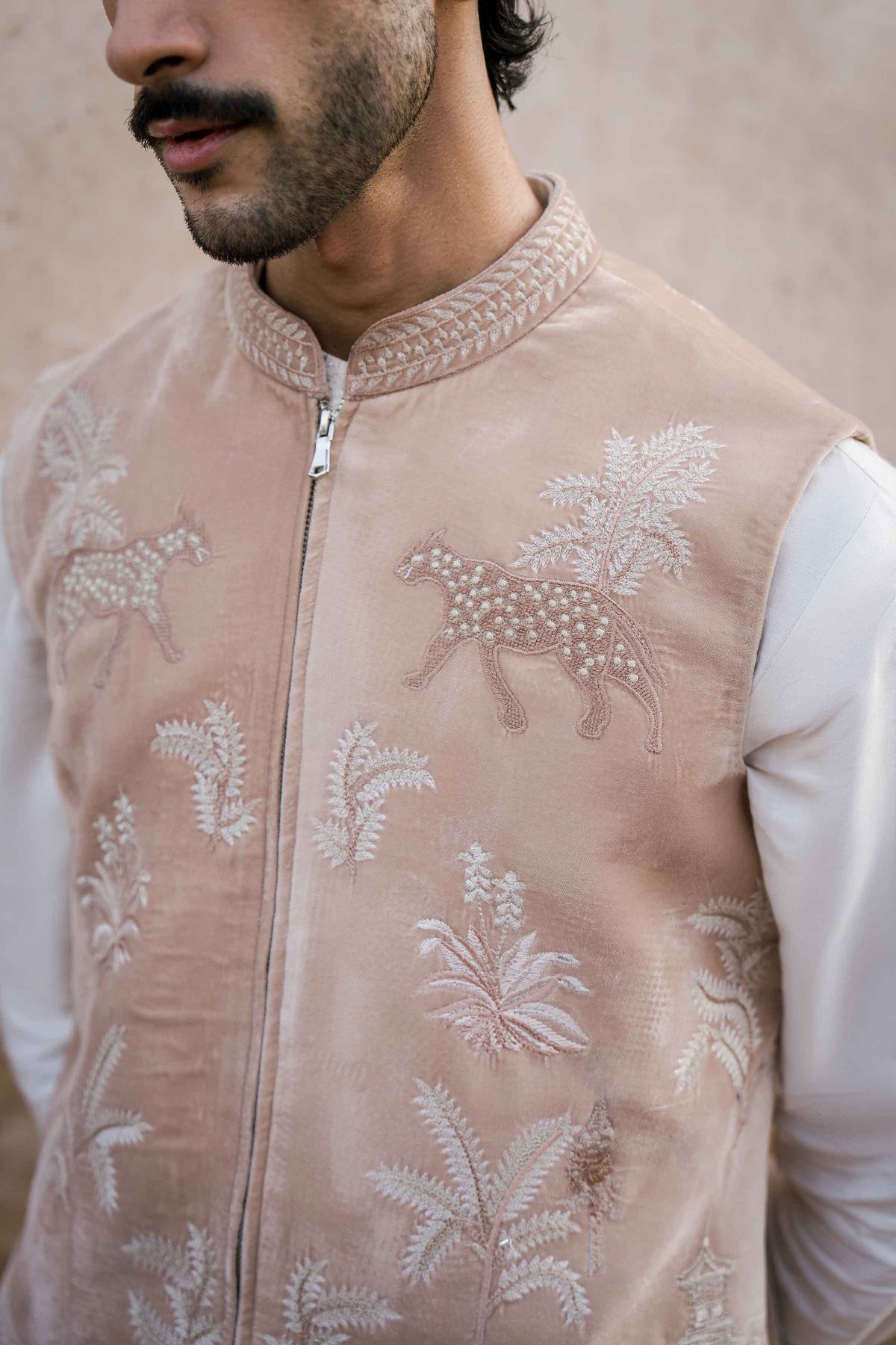 Nishat UK - Beige Embroidered Velvet 1 Piece ready to wear Waistcoat