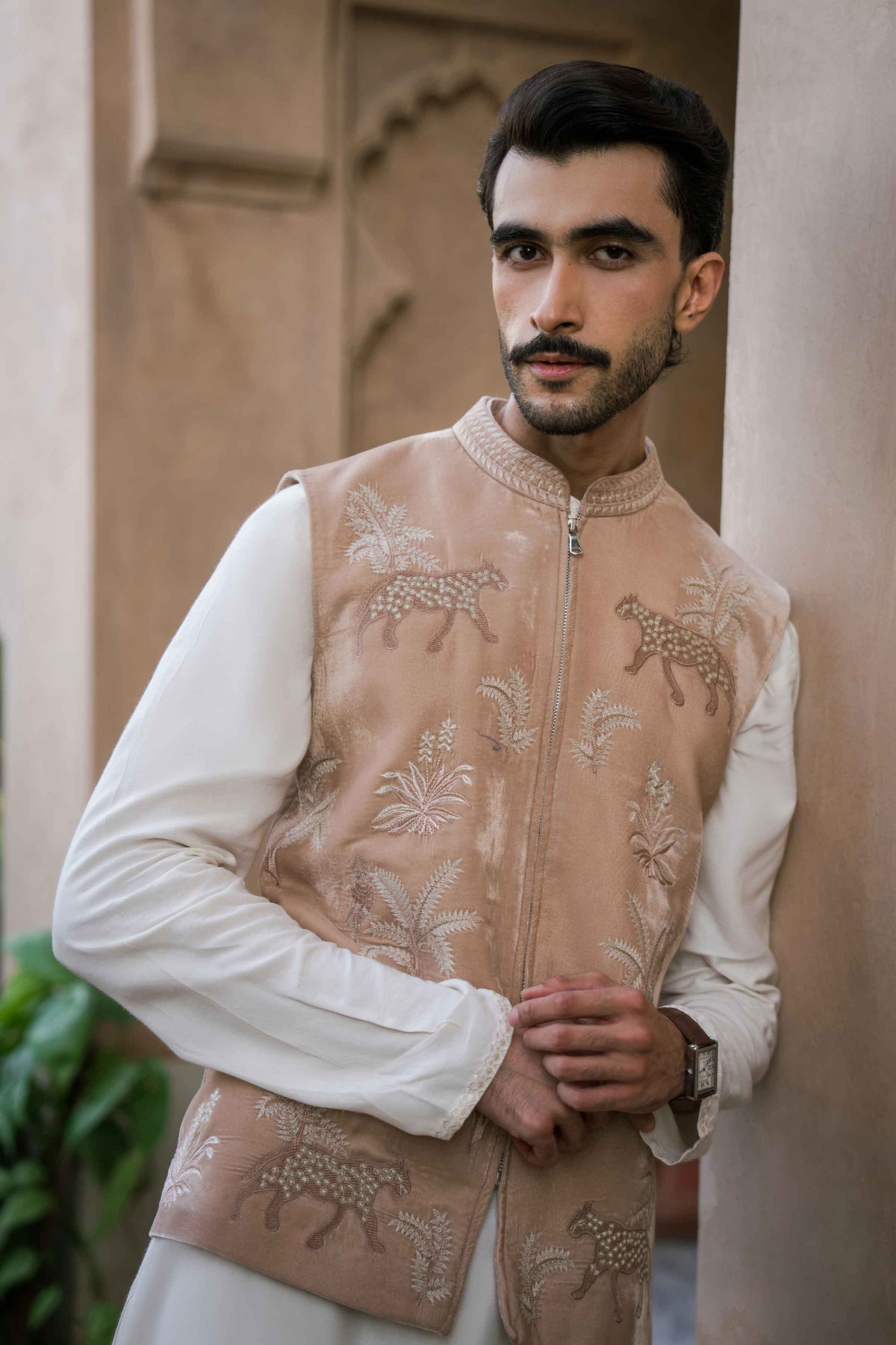 Nishat UK - Beige Embroidered Velvet 1 Piece ready to wear Waistcoat