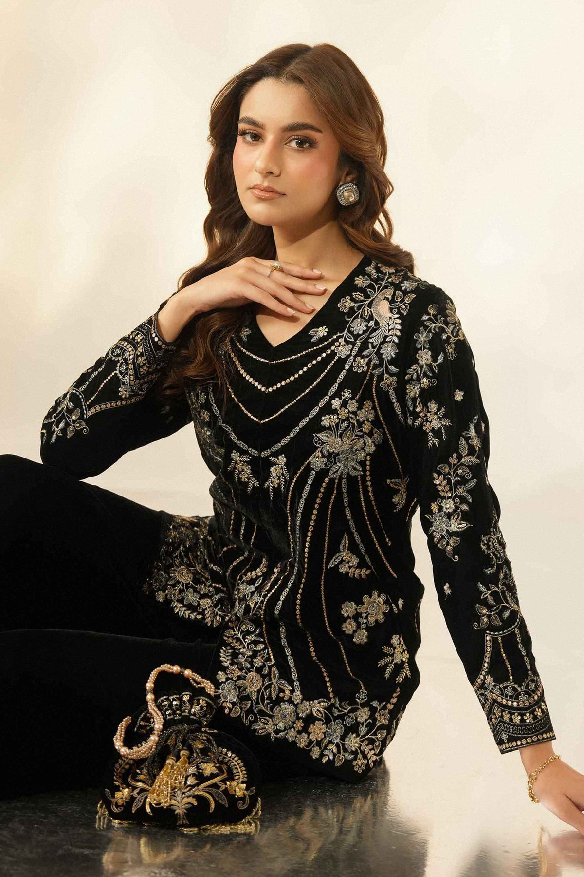 Nishat UK - Black Embroidered Velvet 2 Pieces ready to wear Dress