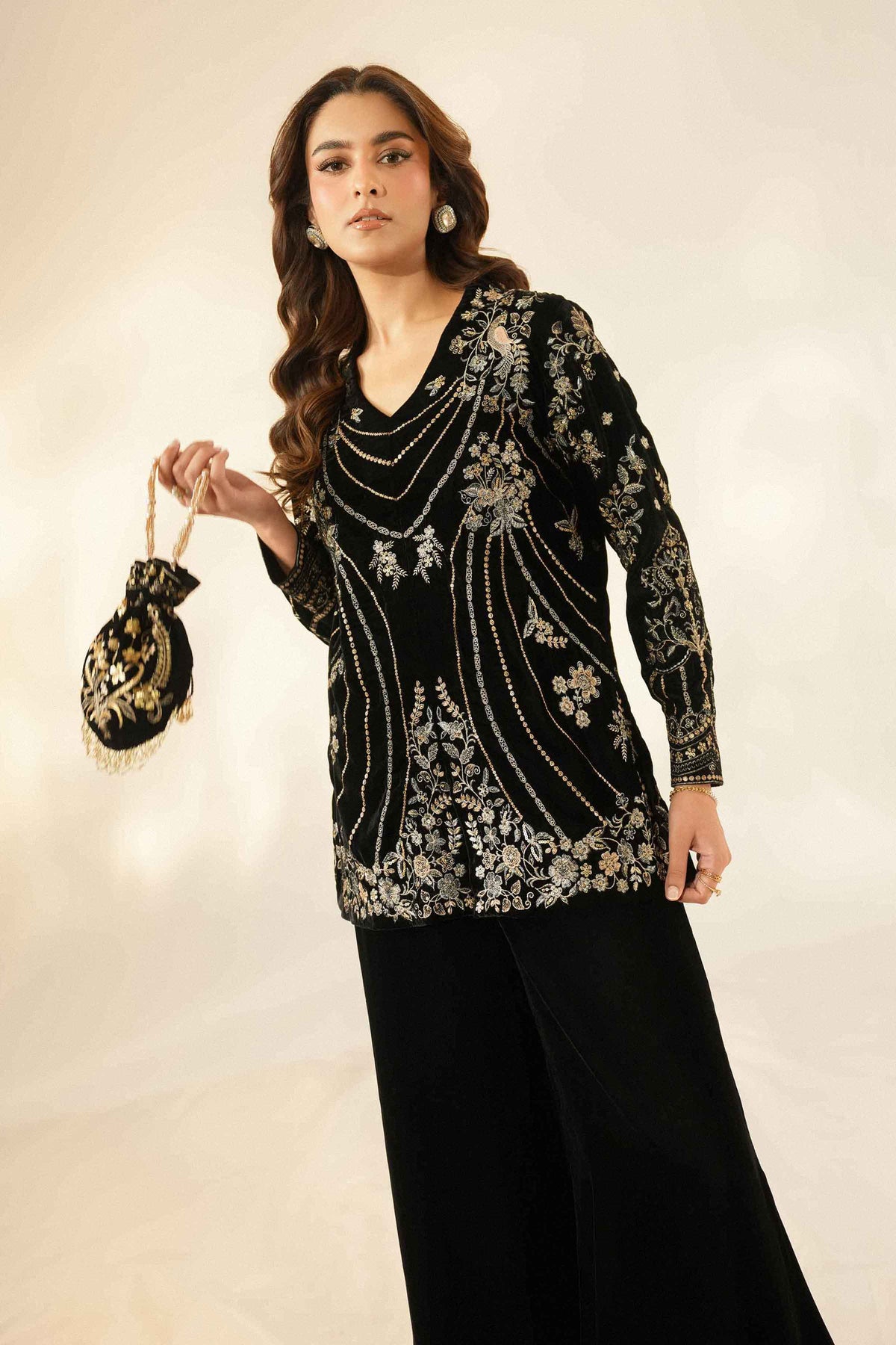 Nishat UK - Black Embroidered Velvet 2 Pieces ready to wear Dress
