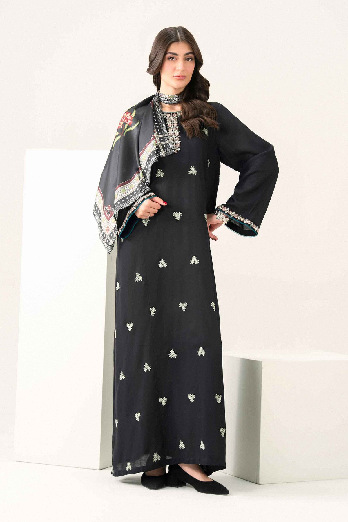Nishat UK - Black Embroidered Silk 2 Pieces ready to wear long dress