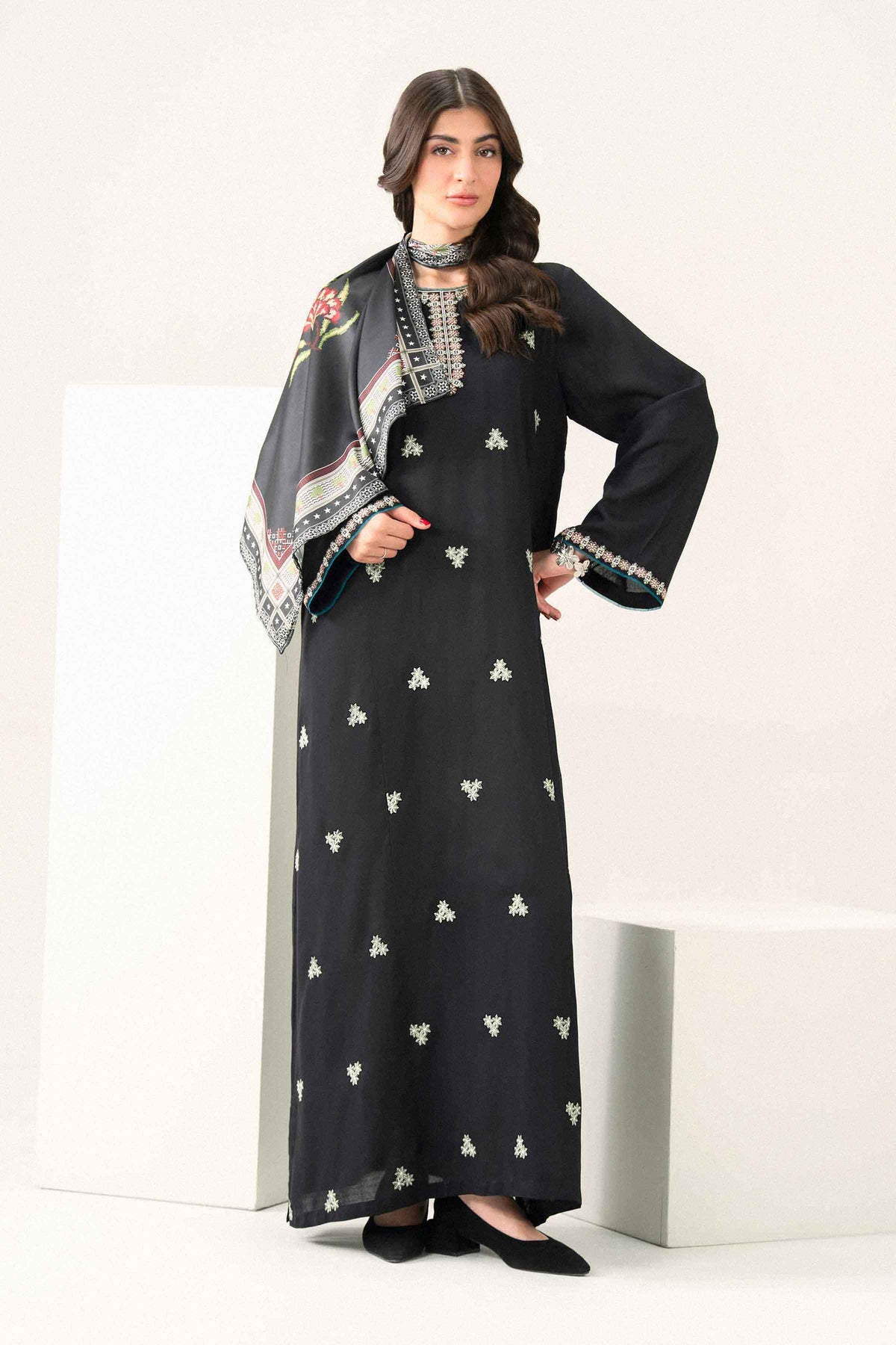 Nishat UK - Black Embroidered Silk 2 Pieces ready to wear long dress