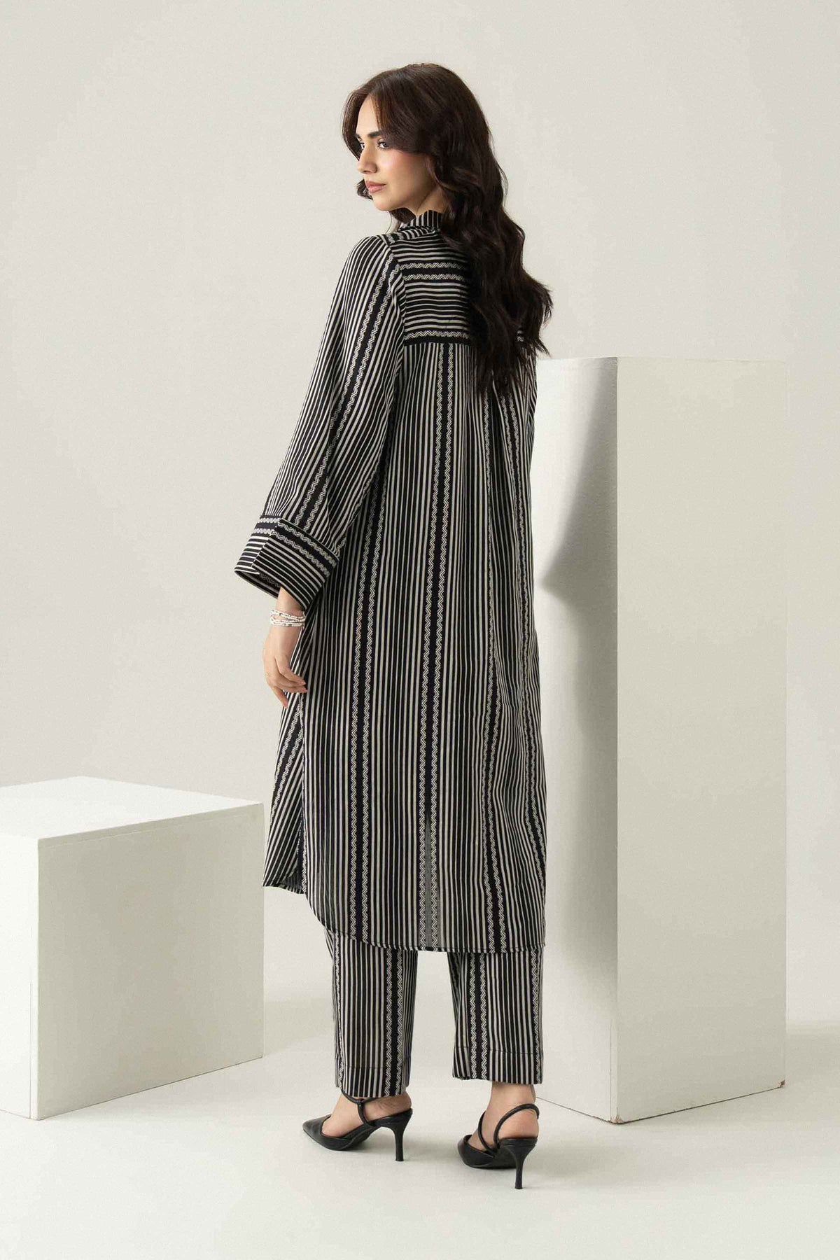 Nishat UK - Black Printed Stripe Twill Yarn Dyed 2 Pieces ready to wear Dress