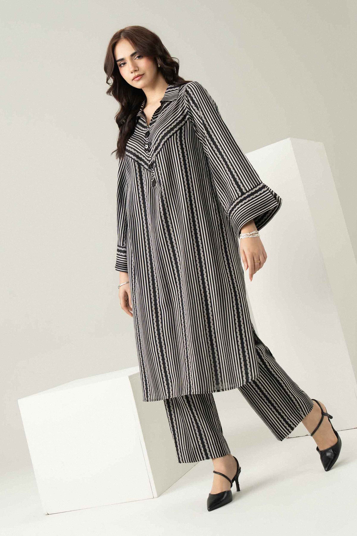 Nishat UK - Black Printed Stripe Twill Yarn Dyed 2 Pieces ready to wear Dress