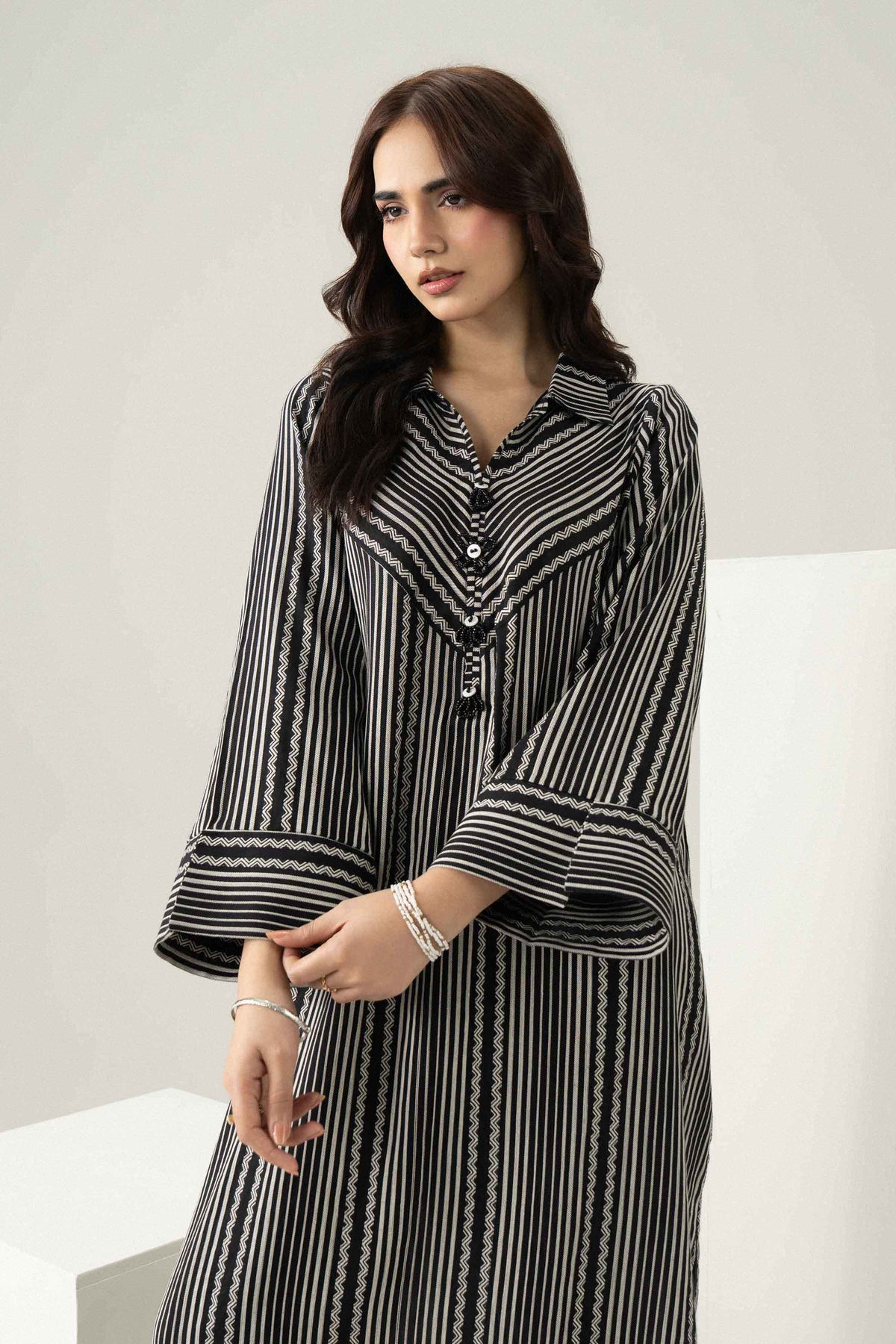 Nishat UK - Black Printed Stripe Twill Yarn Dyed 2 Pieces ready to wear Dress